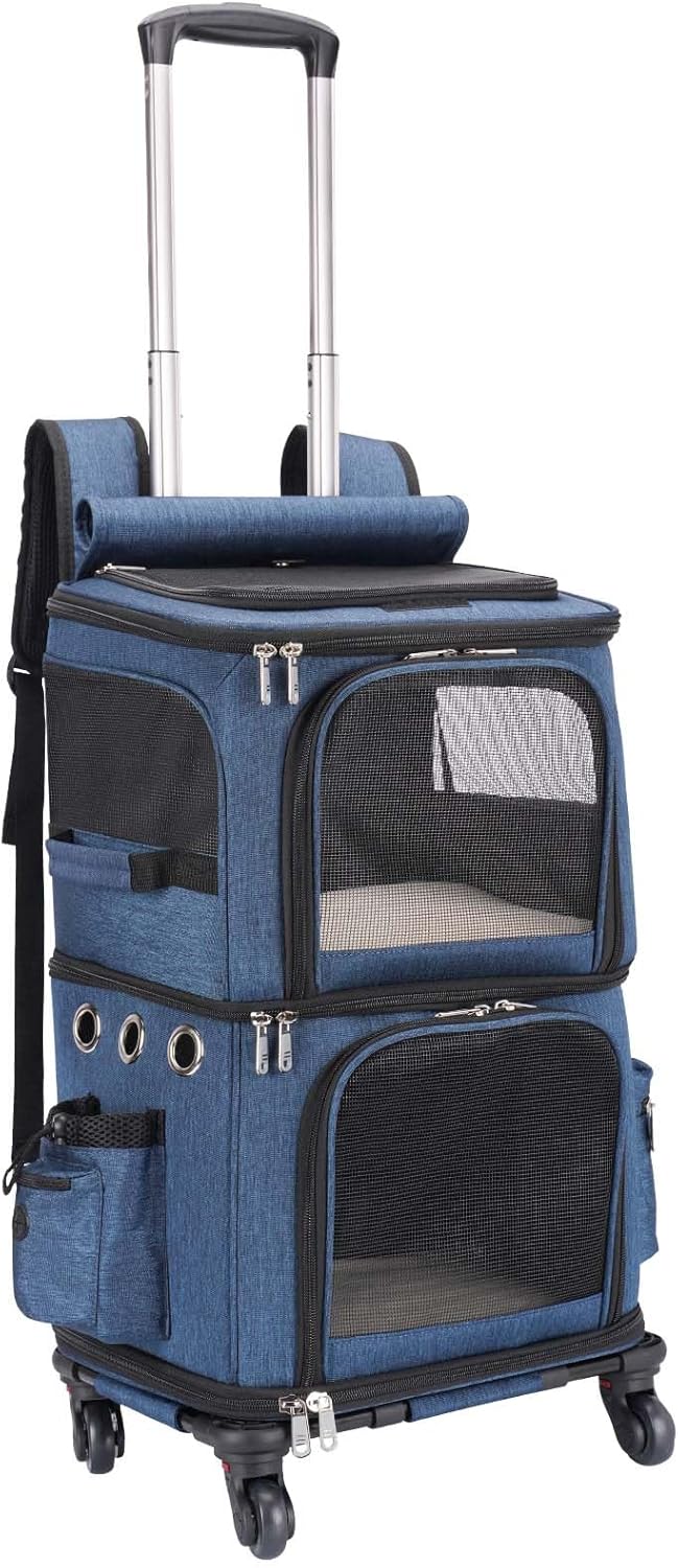 Double-Compartment Pet Carrier Backpack with Wheels for Small Cats and Dogs, Cat Rolling Carrier for 2 Cats, Perfect for Traveling/Taking a Walk/Trips to The Vet, Blue Large Blue