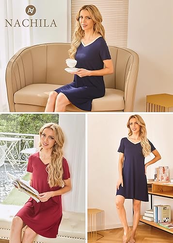 Miniatura 6 de NACHILA Camisones de viscosa para mujer, hechos de bambú, suaves camisas de dormir de manga corta, ropa de dormir suelta