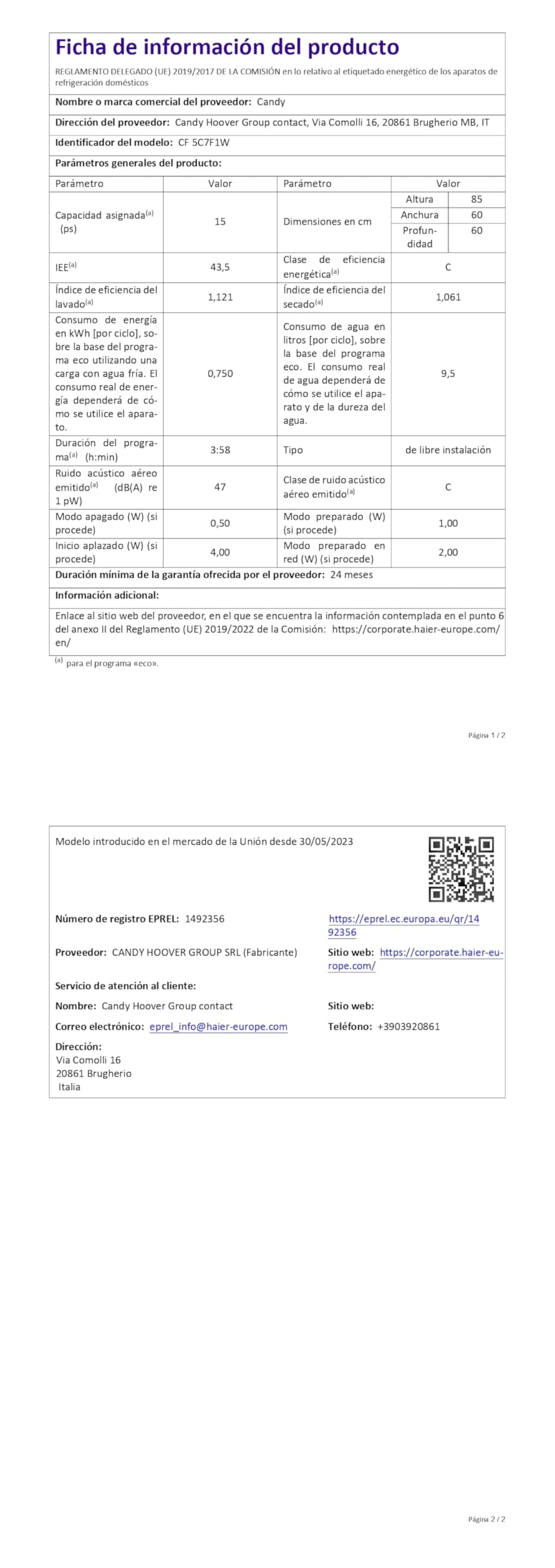 Candy Rapidò CF 5C7F1W, Lavastoviglie 60 CM, 15 Servizi, Digitale, WIFI, 8 Programmi, Motore Inverter, Inizio Differito 1-23H, Indicatore Sale e Lucidante, Terzo Vassoio, 47DB, Bianco