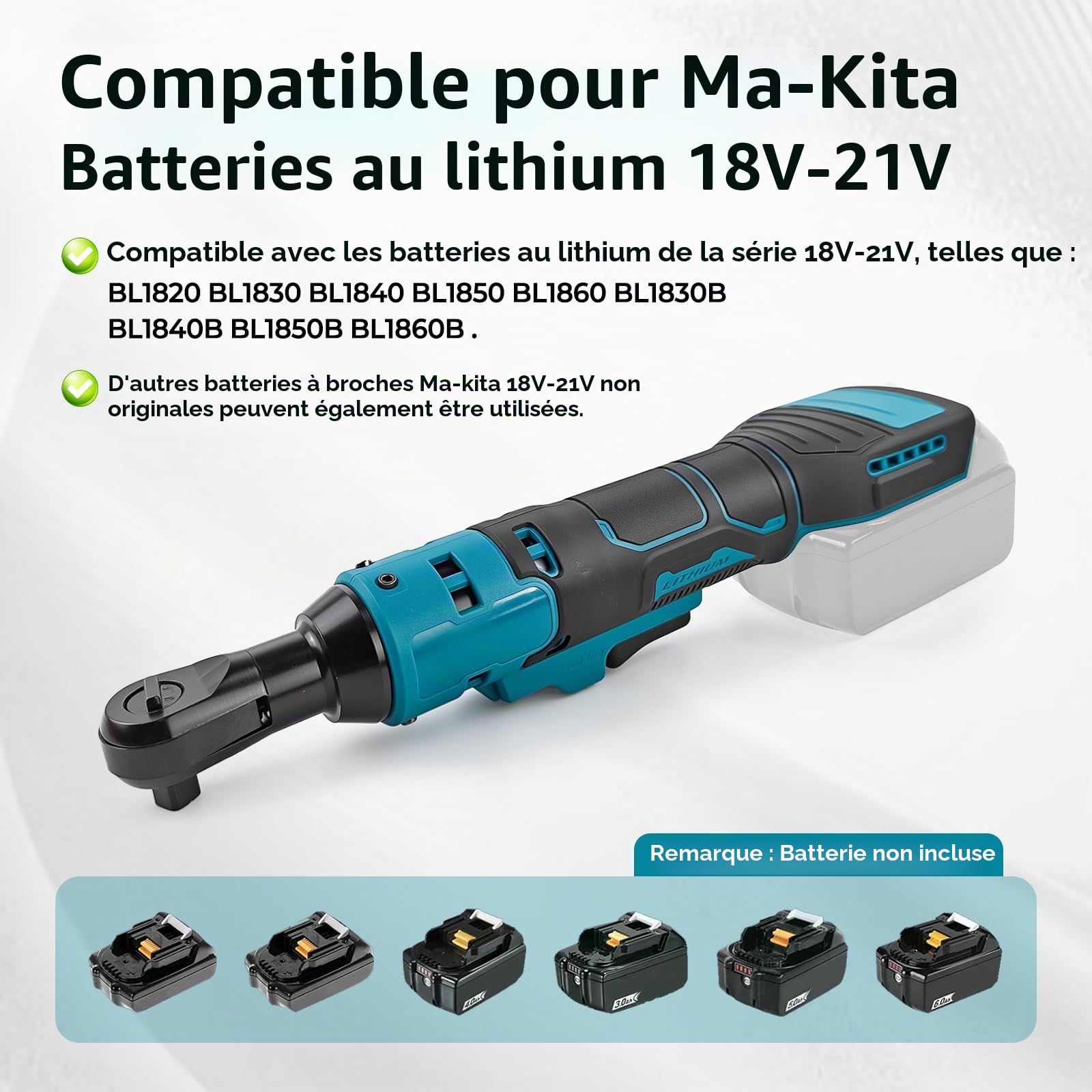 Clé à cliquet sans fil 3/8" compatible avec Makita 18 V, cliquet électrique avec adaptateur 1/4" et adaptateur 1/2", 280 tr/min, 80 Nm, cliquet à chocs électrique pour l'entretien du vélo et de la