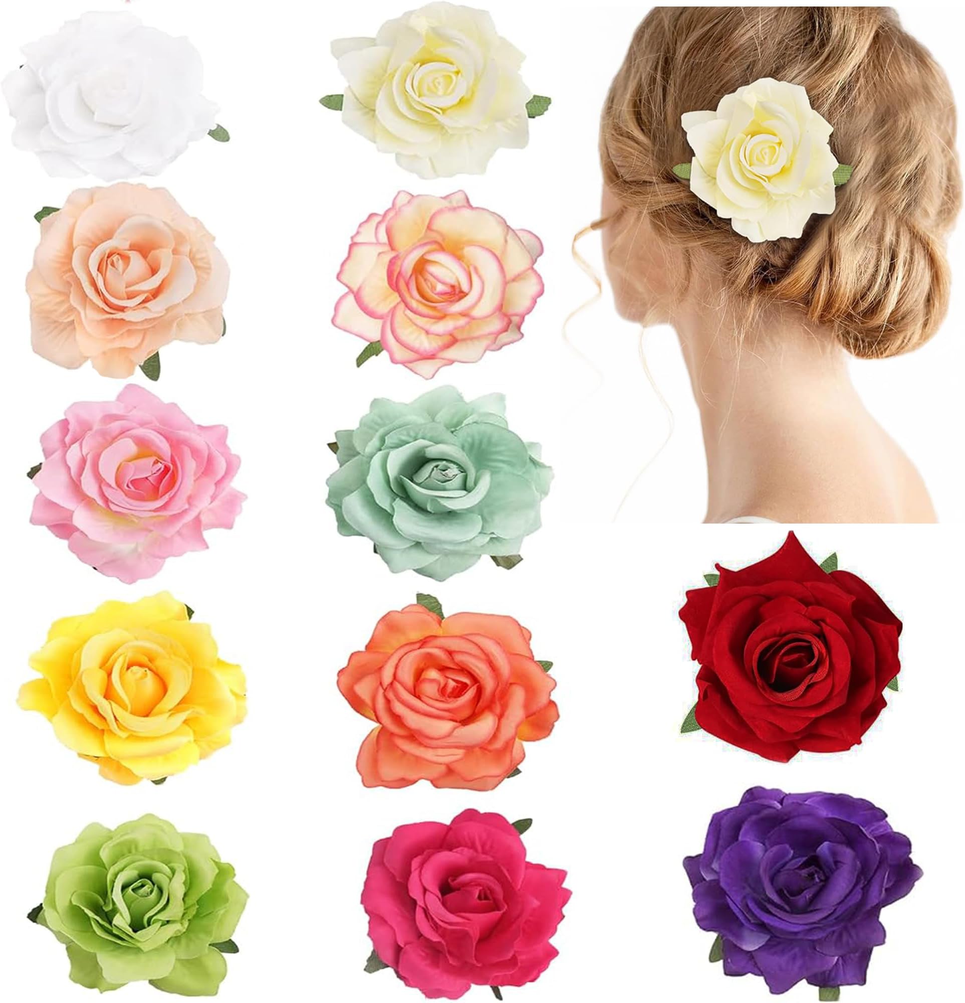 12PCS Elegant 4inch Rose Flower Hair Clips Hairpins Floral Brooches Pin Boho Hair Clip Rose Hair Accessories For Women Girls Lady Bridal