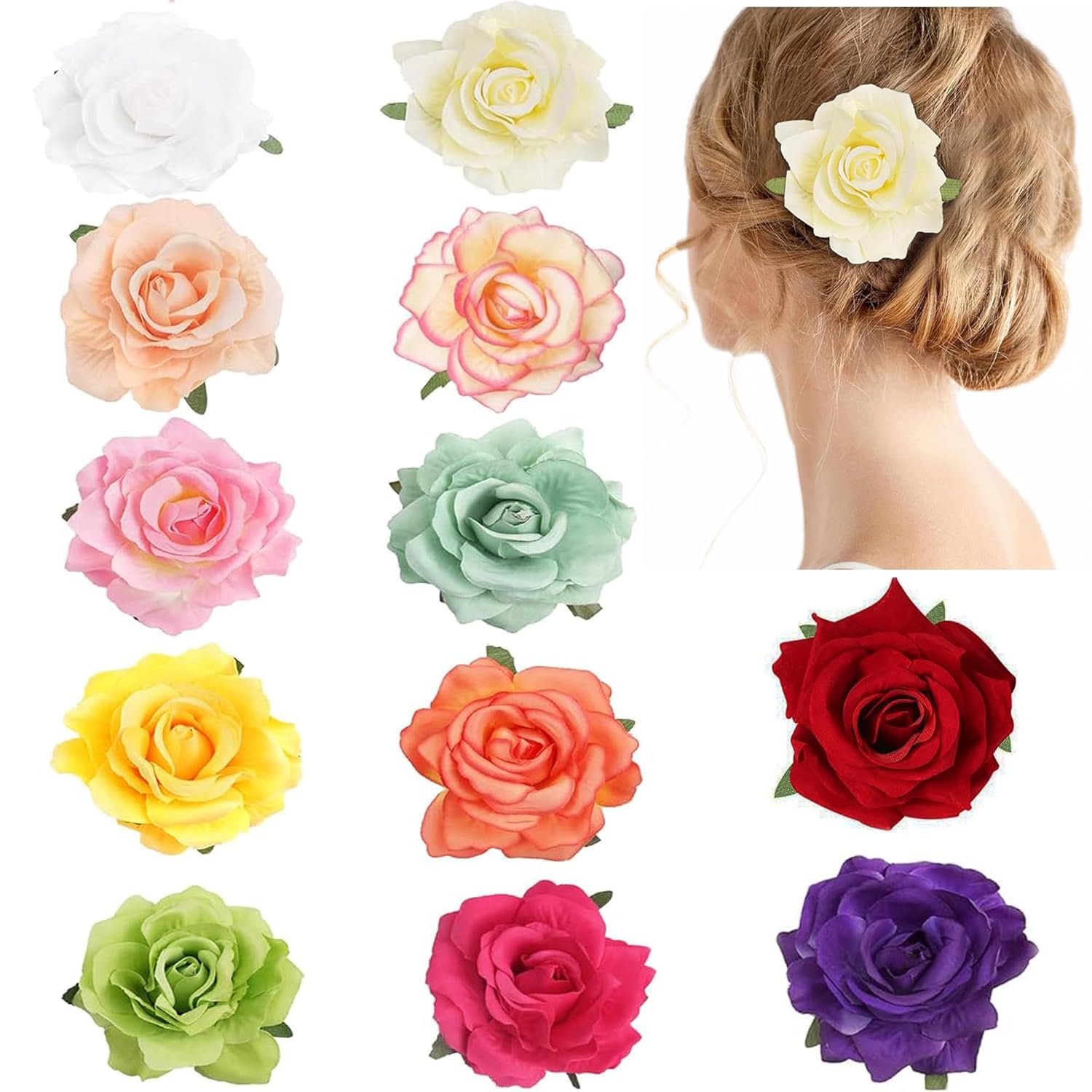 12PCS Elegant 4inch Rose Flower Hair Clips Hairpins Floral Brooches Pin Boho Hair Clip Rose Hair Accessories For Women Girls Lady Bridal