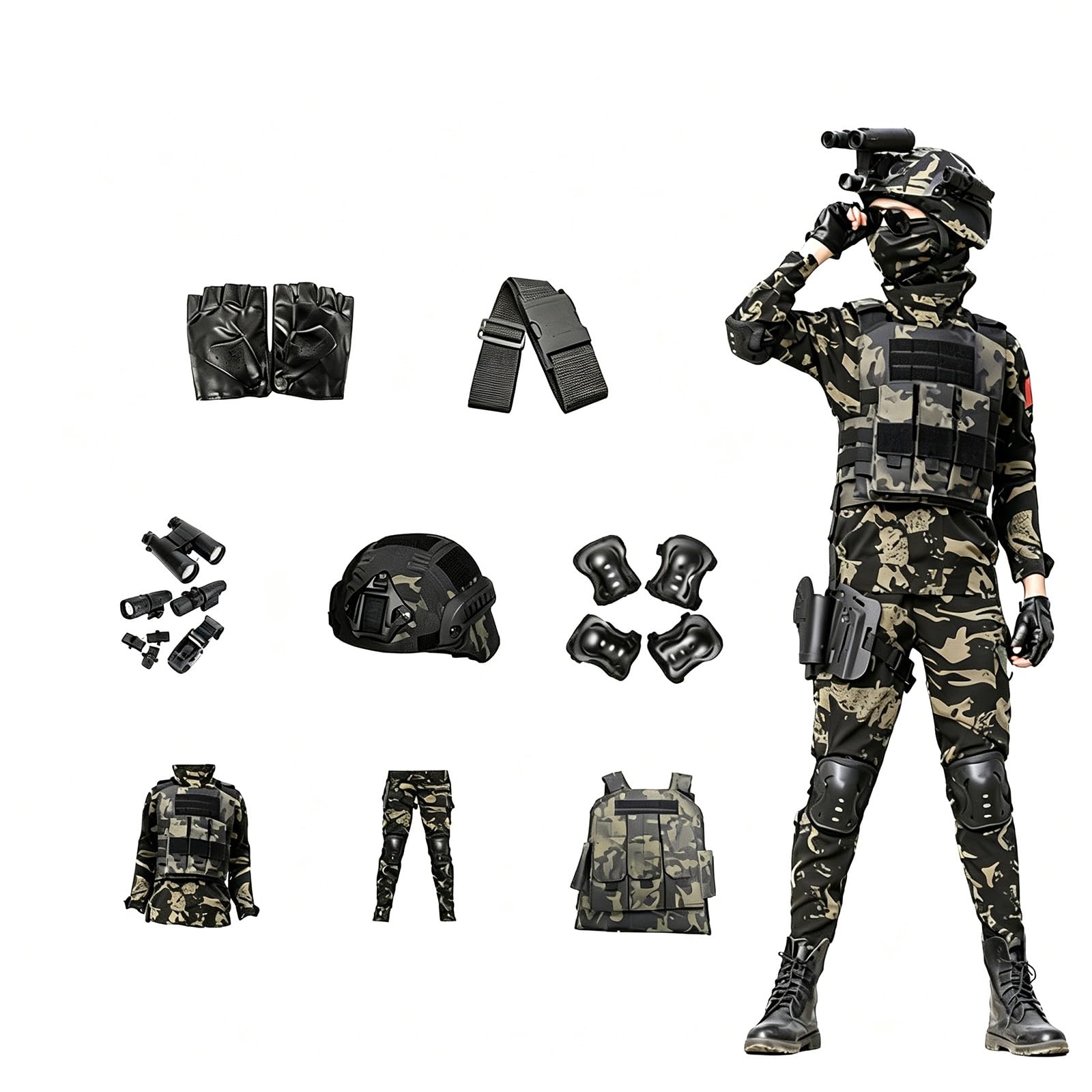 Kinder Militär Kostüm Set Soldat Armee Rollenspiel Outfit mit Zubehör, Halloween und Geburtstags Geschenk Verkleidungsset