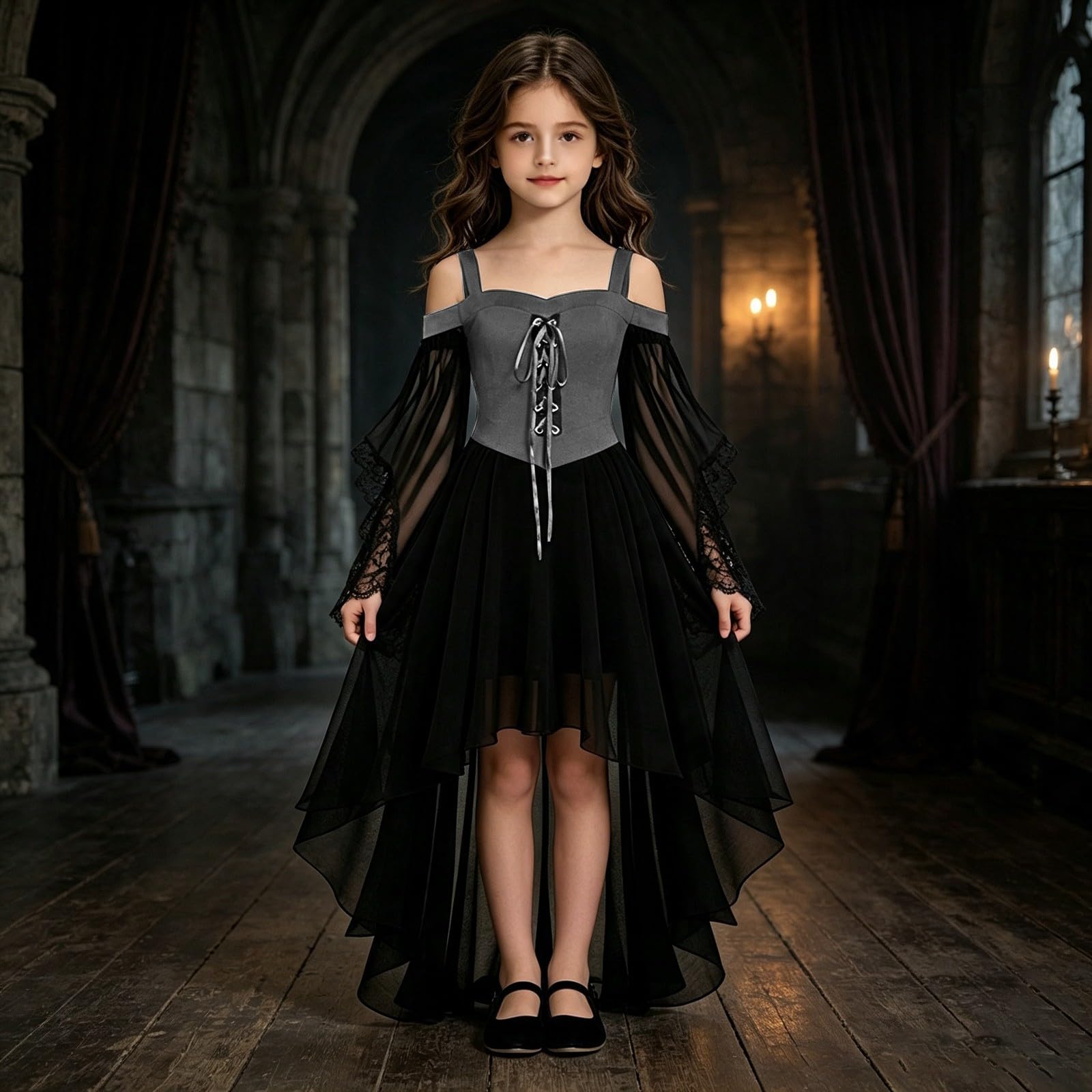 Vokuhila - Vestito medievale per Halloween, per bambine, gotico, cosplay | Vestito da principessa per bambini, a maniche lunghe, con spalle scoperte, in pizzo, stile vittoriano, vampiro, carnevale
