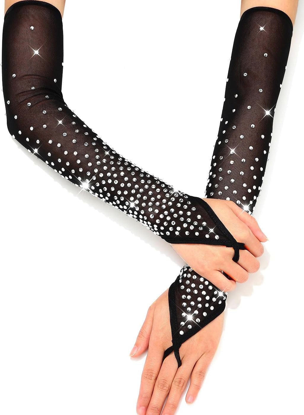 REETAN Rhinestone Fingerless Sheer Gloves Long Sparkly Gloves for Women