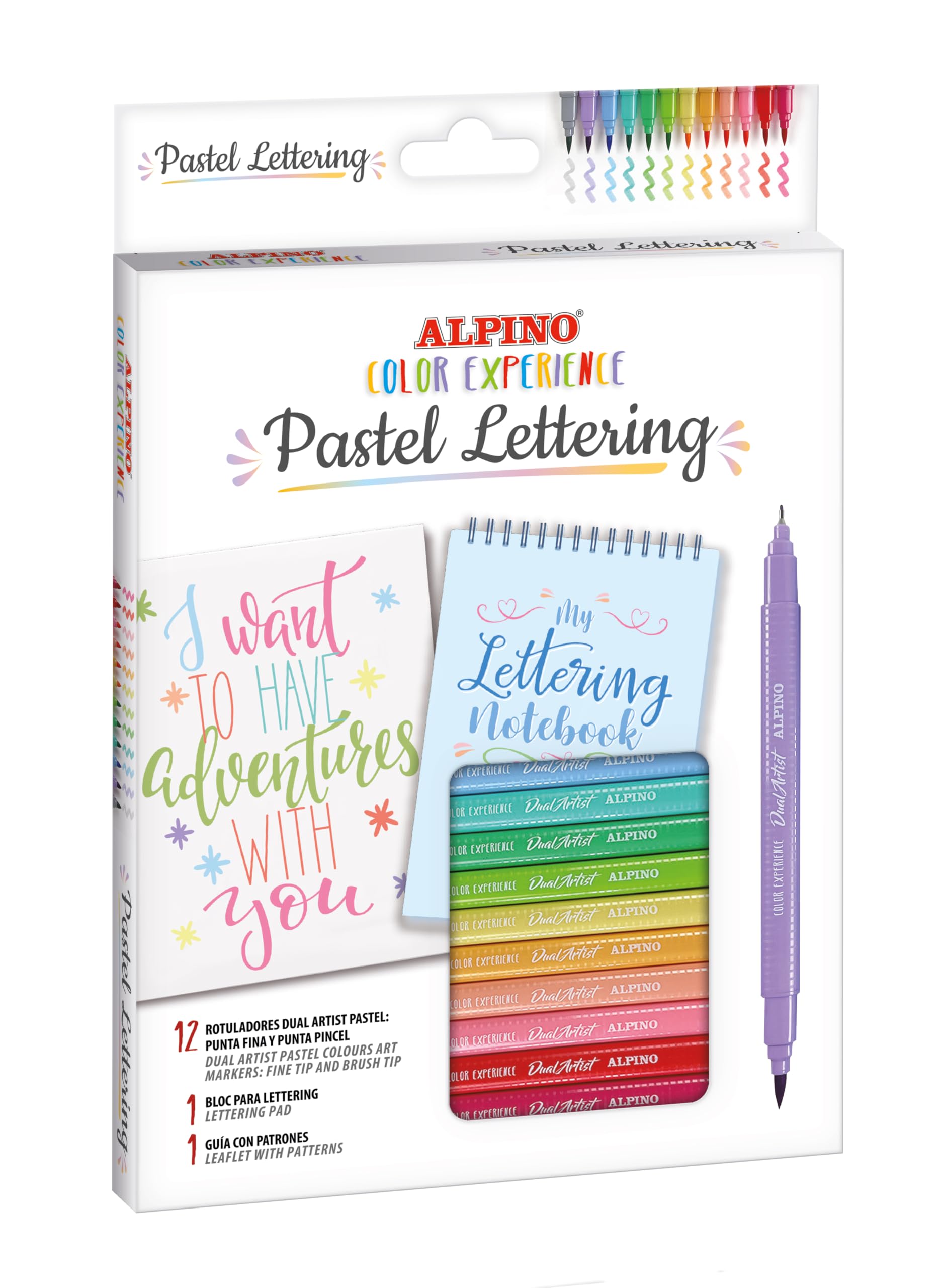 ALPINO - Kit Pastel Lettering 12 Rotuladores Dual Artist, 1 Libreta de Lettering y 1 Guía con Patrones | Diversidad de Colores | Creatividad sin Límites | Lettering creativo