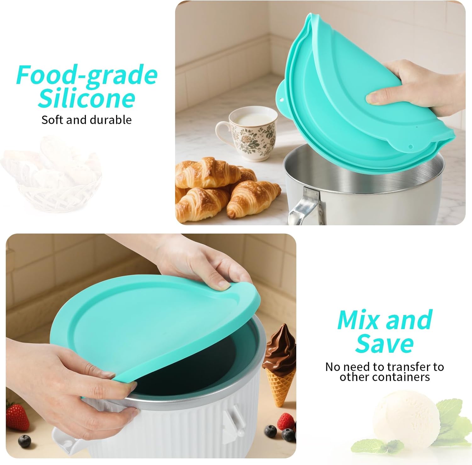Silicone Lid Compatible with KitchenAid 2QT Ice Cream Mixing Bowl and 5QT Stainless Steel Bowl, Dishwasher Safe, Microwave Up to 200°C (392°F), Freezer Safe (Not Included) - Image 5