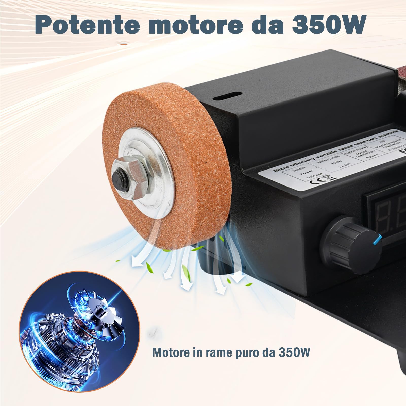 OUKANING Mini Band Sander 350 W Elettrico - Levigatrice a nastro per tavolo da 0-10000 RPM, 7 velocità di regolazione continua della velocità, con 10 nastri abrasivi, disco abrasivo e inserto per