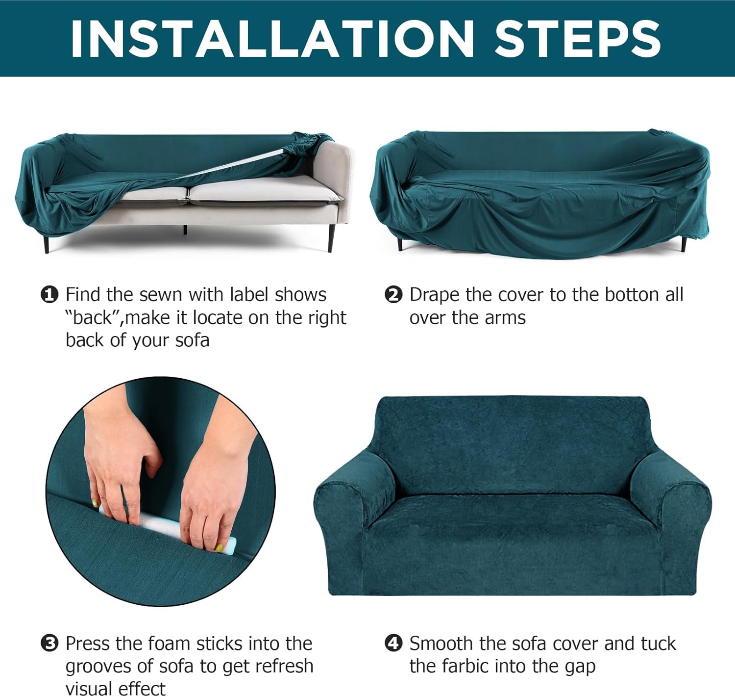 Peryiter 3 Pcs Slipcover Set for Couch Furniture Covers for Sofa Loveseat Couch Arm Chair, Form Fit Stretch, Wrinkle Free, Furniture Protector(Deep Teal,Velvet)