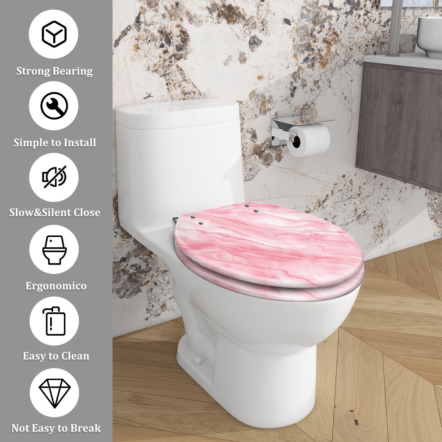 Asiento de inodoro alargado de resina para uso doméstico en el baño.