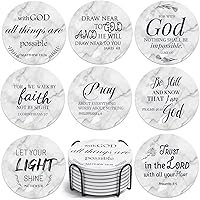 Billbotk Ceramic Coasters with Bible Verses - Absorbent 4 Inch Set of 8 with Metal Holder, Christian Gifts & Home Decor