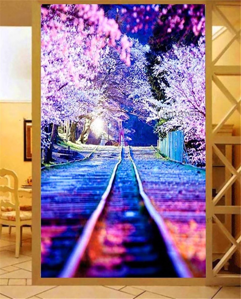 OKIKA 5D DIY Diamond Art Kits Adults and Kids, Cherry Blossom Railway Night Scenery Diamond Painting Kits for Adults, Full Drill Paint by Numbers Kits Gem Art Craft for Home Wall Decor/Gift 16x32in