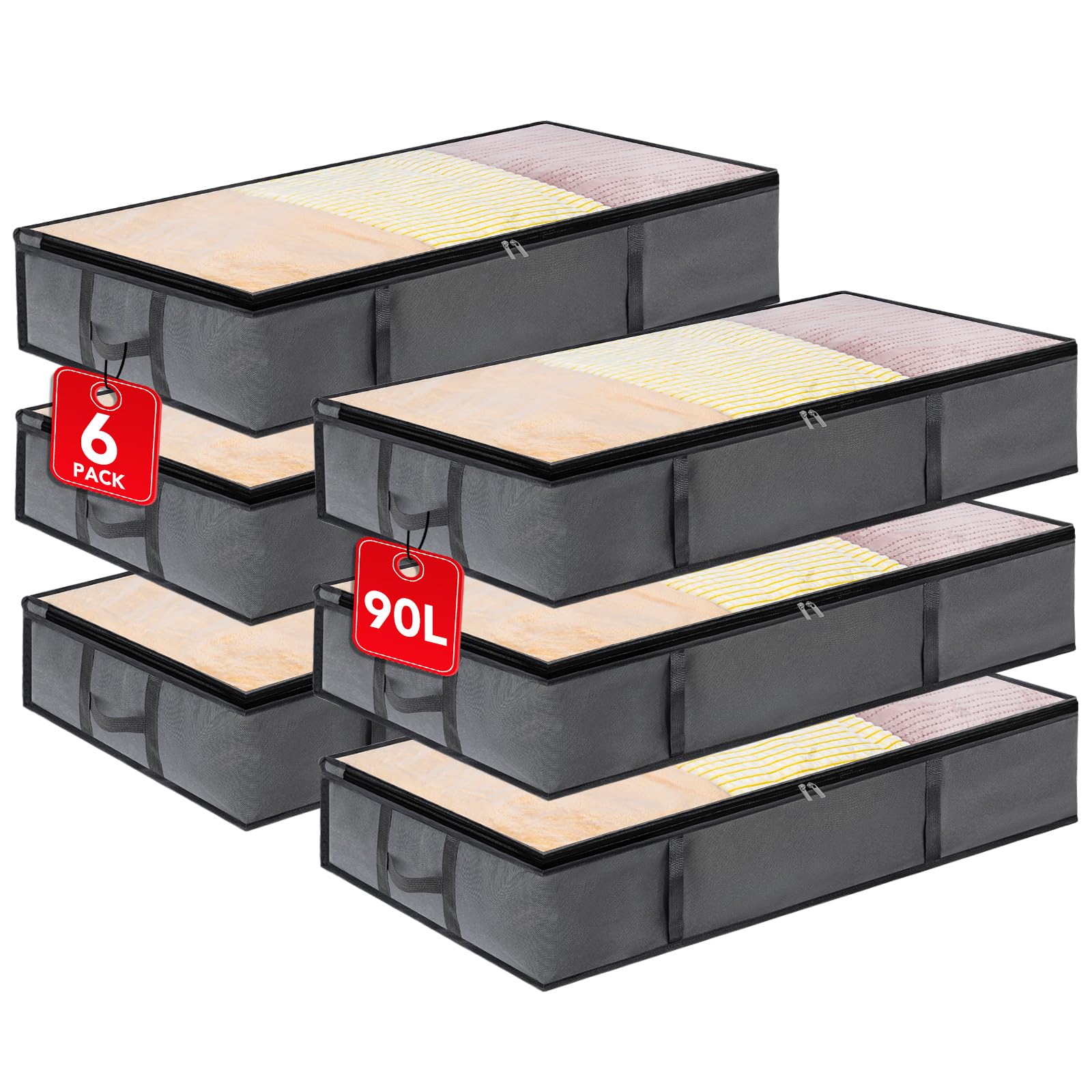 6 Stück 90L Unterbett Aufbewahrungsbox mit Deckel, Unterbett Aufbewahrung