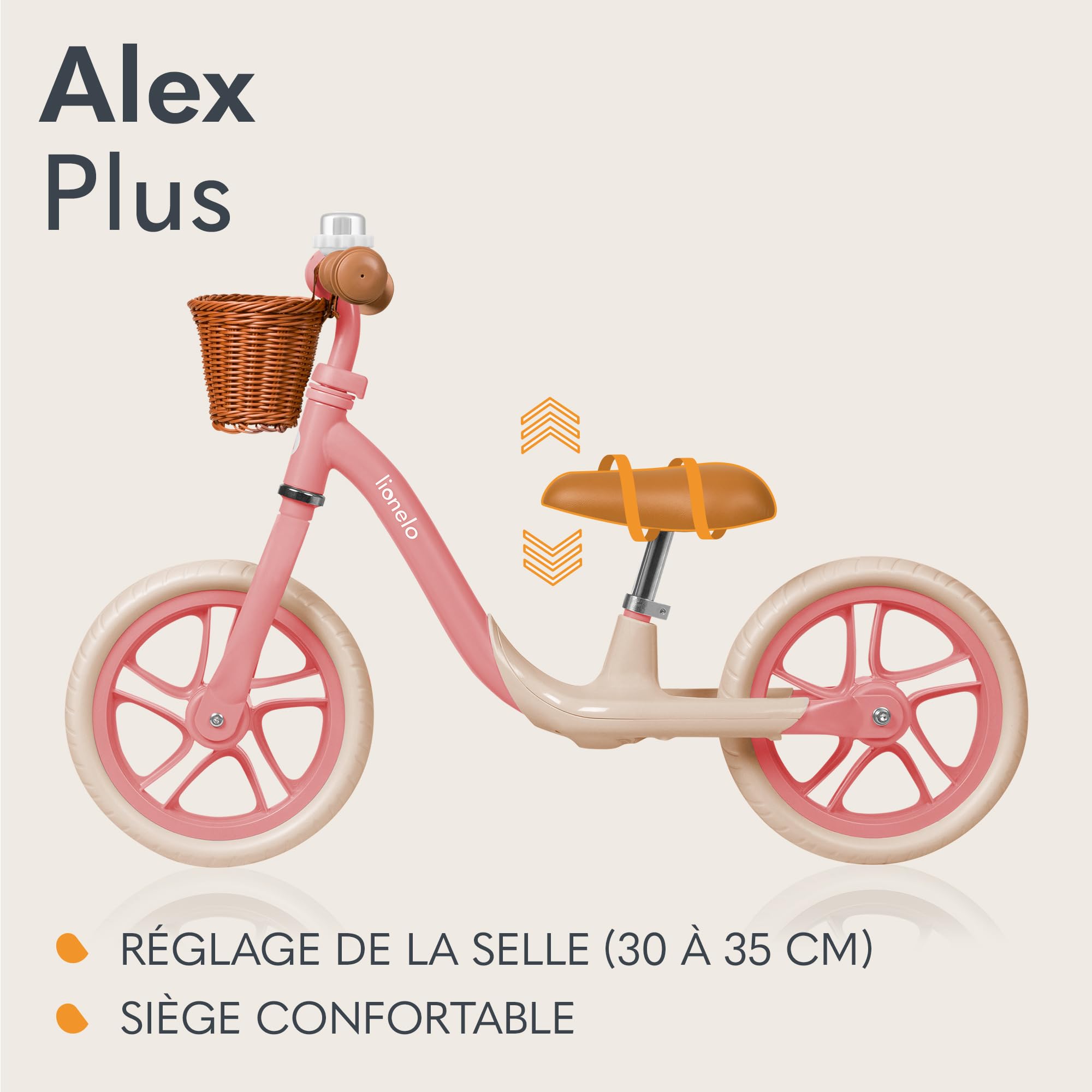 LIONELO ALEX PLUS Bicicleta sin Pedales para Niños hasta 30 kg, a partir de 3 años, Ruedas de Espuma EVA 30,5 cm, Reposapiés Cesta y Ajuste del Asiento y Manillar, Manija Antideslizante, Ligera 3,4 kg