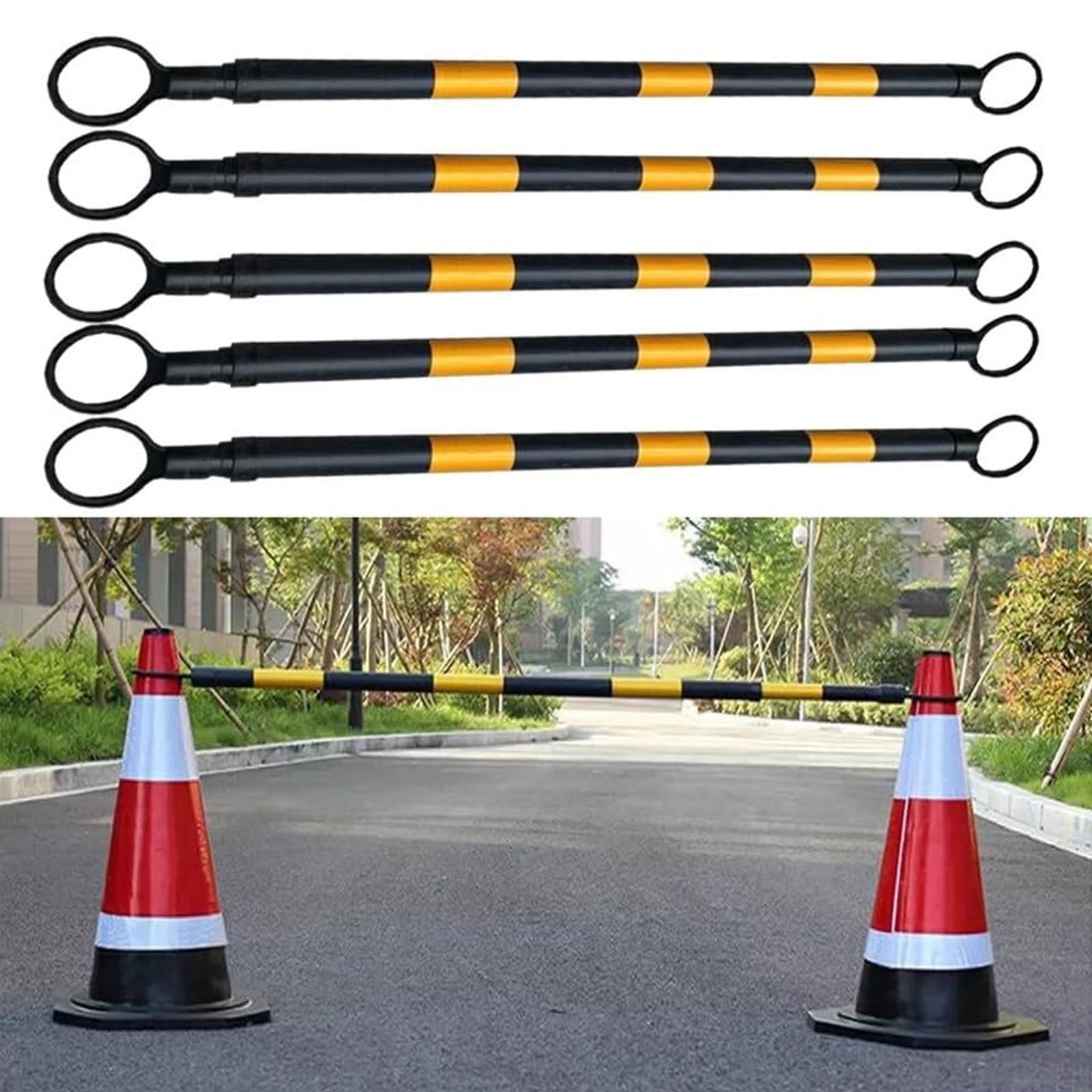 Eiwitany Reflective Plastic Telescopic Traffic Barrier Pole, 1.25-2M Extendable Safety Cone Bar for Driveway and Crosswalk Use (Black+yellow)