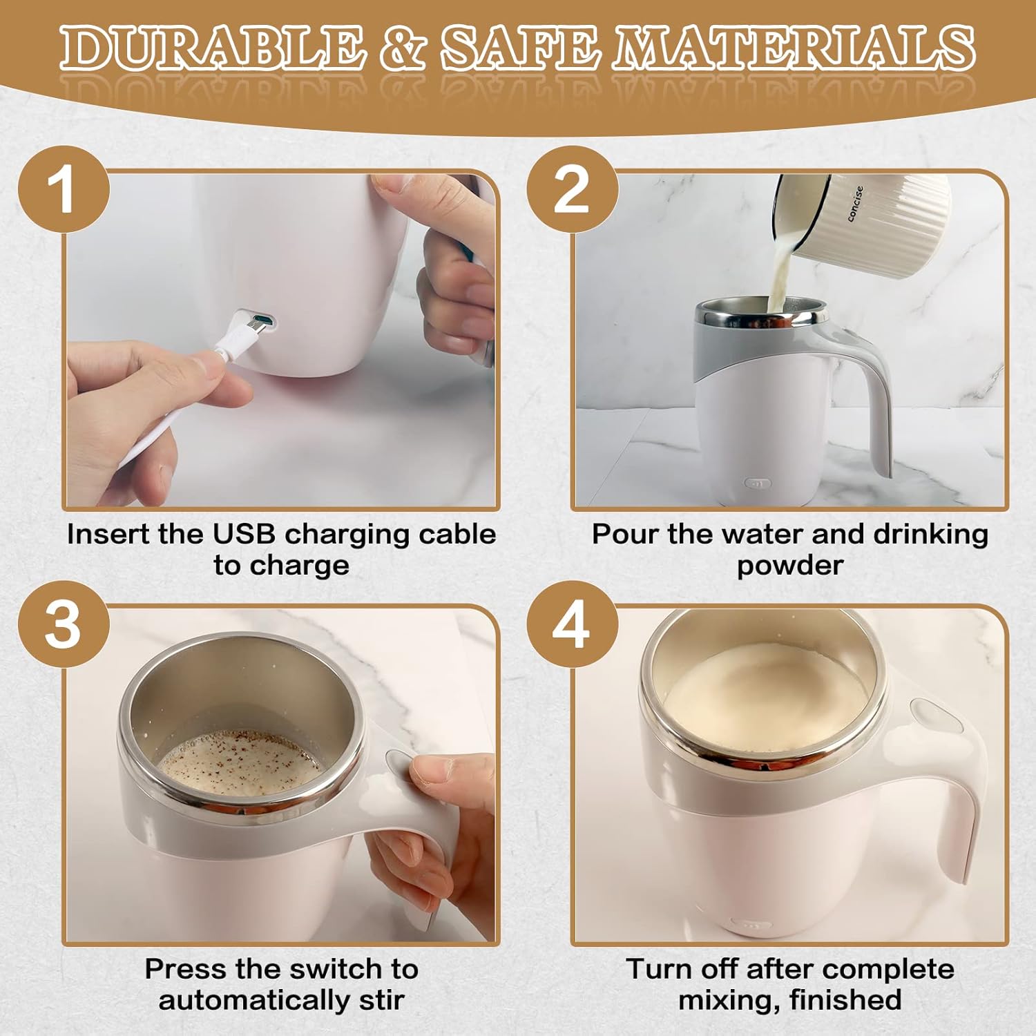 Four-step visual guide on how to use the TXLOOK Self Stirring Mug, showing charging, adding ingredients, stirring, and finishing.