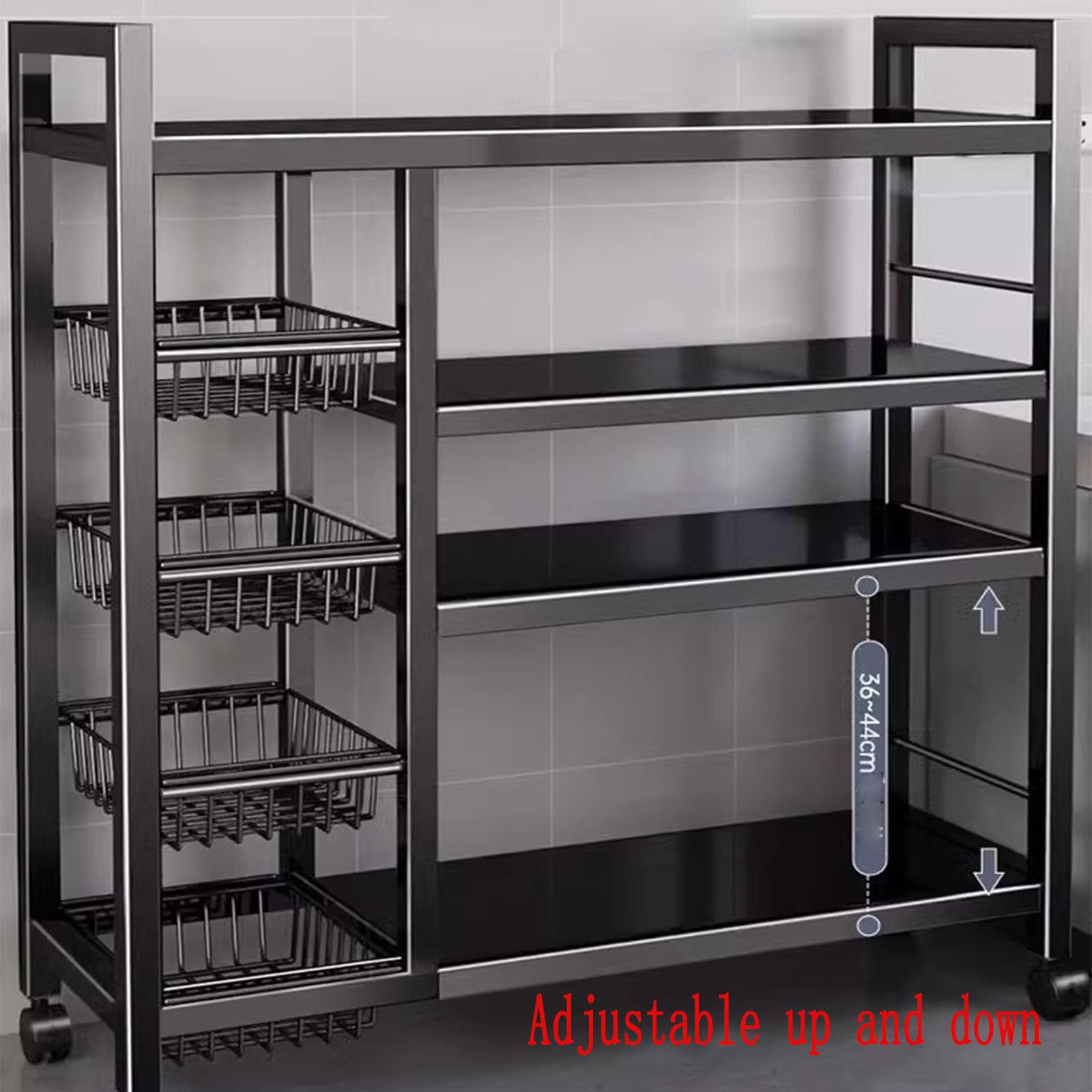 Estante de almacenamiento de metal con 4 capas y 4 cestas de malla, altura ajustable (5 cm), diseño rodante, ideal para cocina, color negro