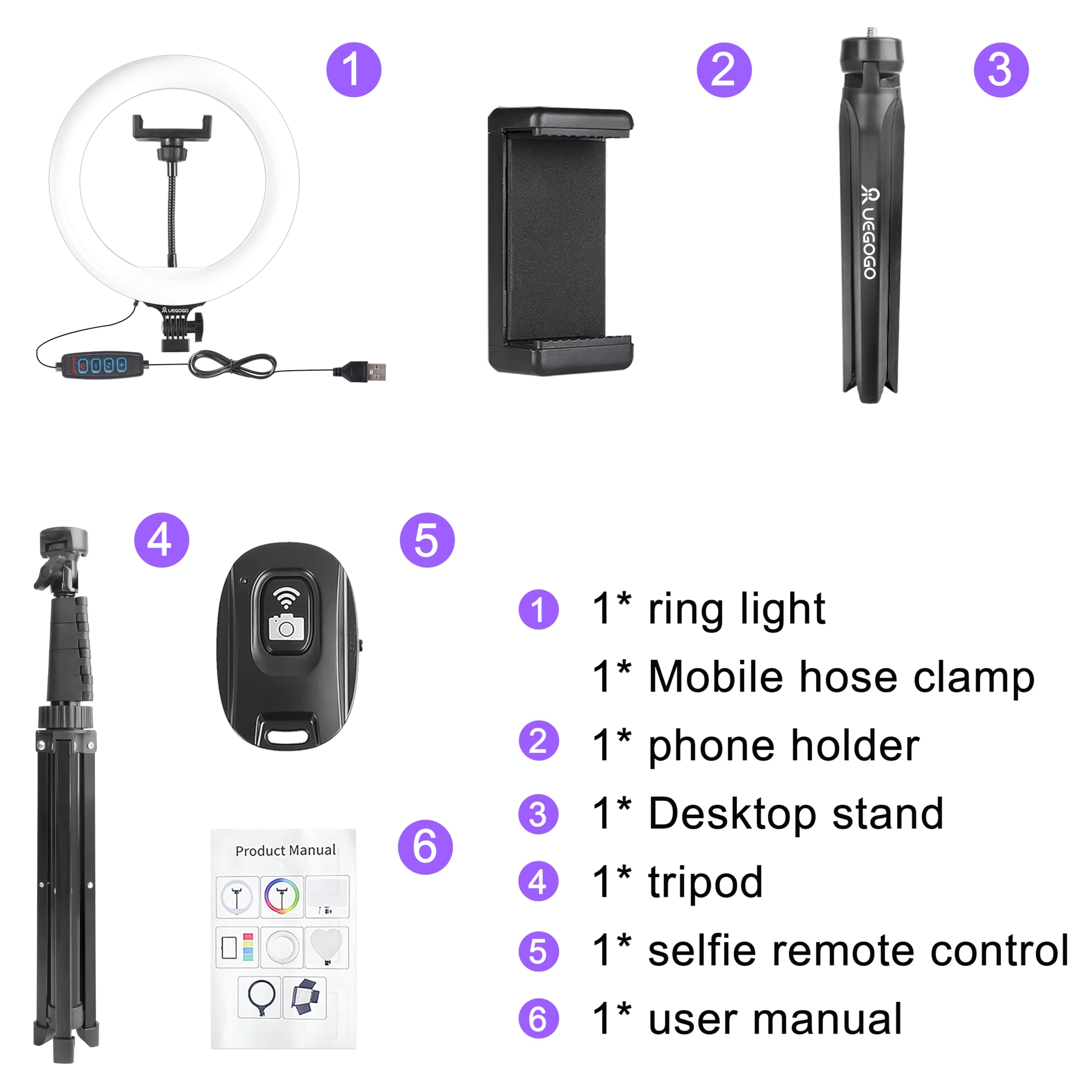 UEGOGO Luce ad anello da 25,4 cm con treppiede da 182 cm e supporto per telefono, 38 modalità di colore, dimmerabile, luce ad anello a LED per live streaming, YouTube, trucco, TikTok