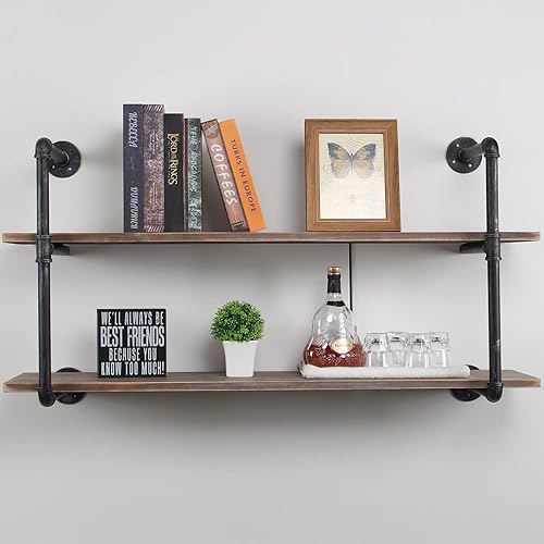 Miniatura 27 de MBQQ, Estantes de tubería industrial con madera, estante de montaje en pared rústico, estantería de metal colgada, estantería flotante de