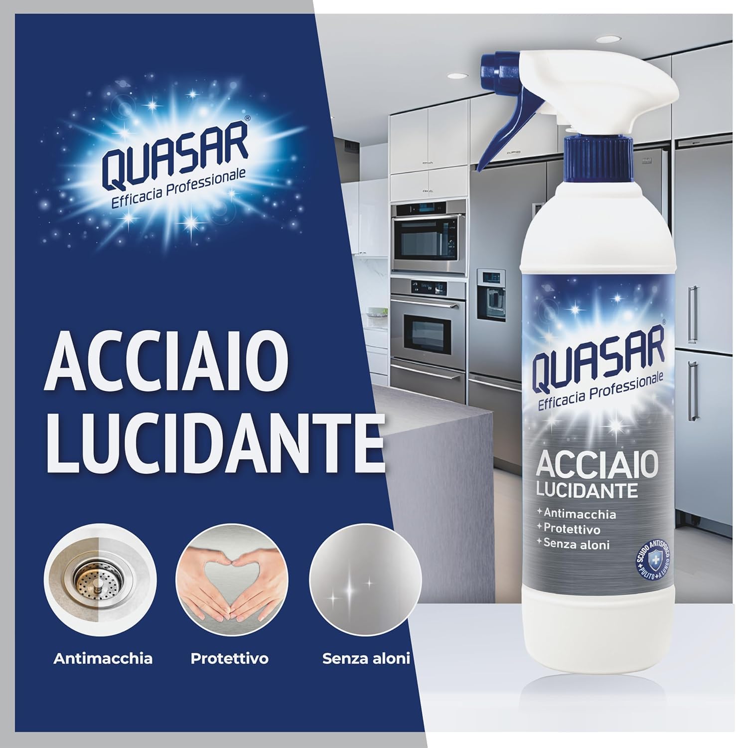 12 X Quasar Acciaio Lucidante – Detergente spray rimuove efficacemente lo sporco e dona lucentezza alle superfici in acciaio – Detergente 580 ml + portachiavi Beni Culinari gratuito