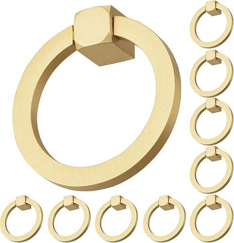 QOGRISUN Paquete de 10 tiradores de anillo de latón macizo para cajón de armario, tiradores de tocador dorados de 1-78 pulgadas, manijas de