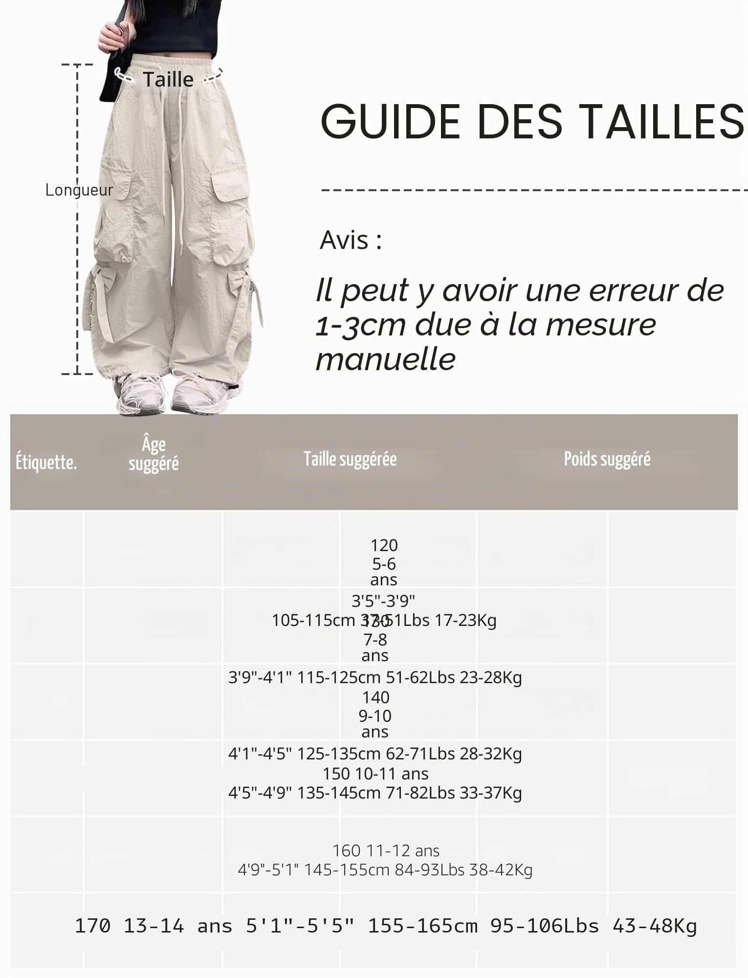 Maeau Pantalon Cargo Noeud Papillon Pantalon Jambe Large Baggy Pantalons Taille Élastique Haute pour Enfant Fille 5-14 Ans
