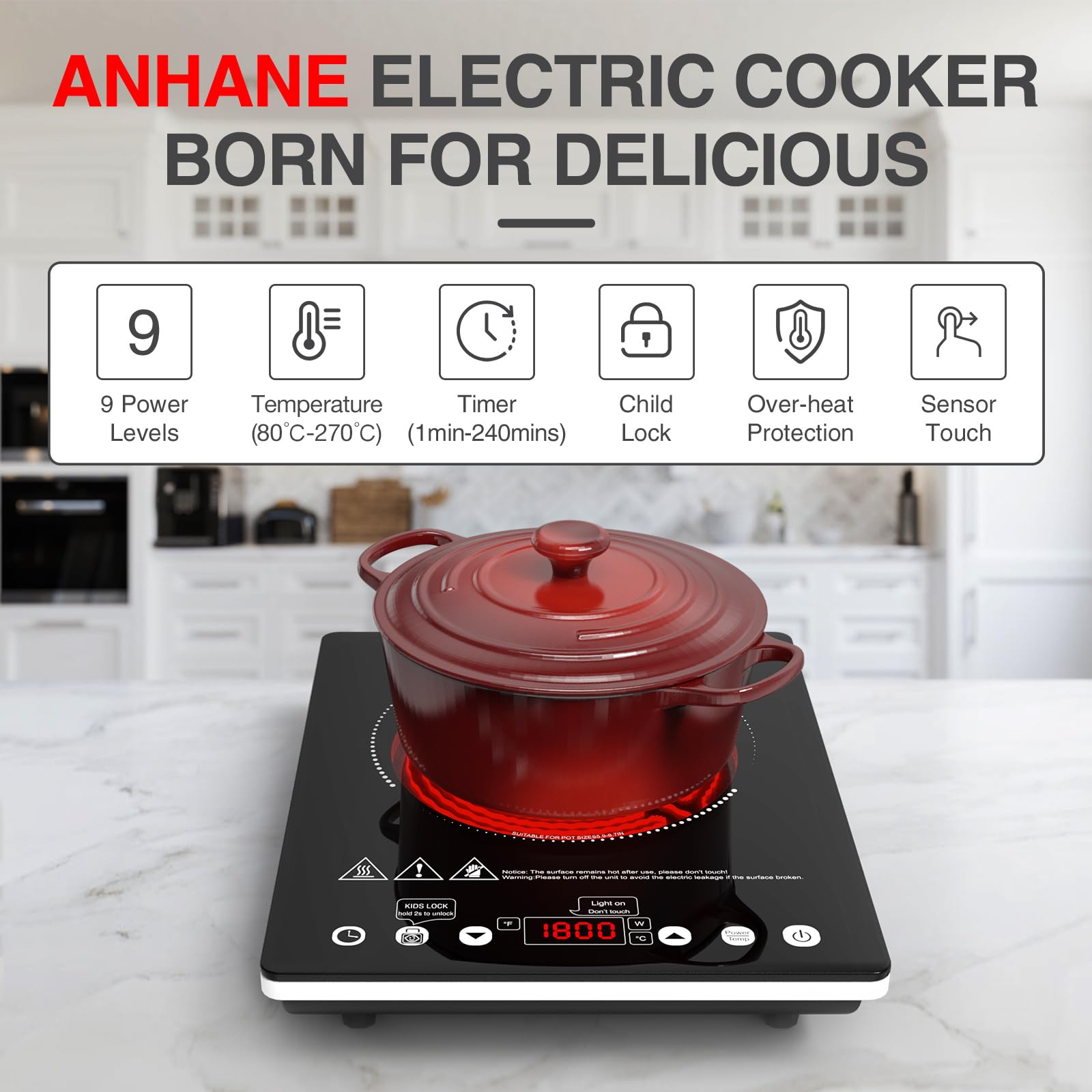 ANHANE 1800W Electric Cooktop, 110V Single Burner Stove with Overheat Protection and Adjustable Power Levels - Portable Ceramic Stove for Kitchen, Travel, RV view 3