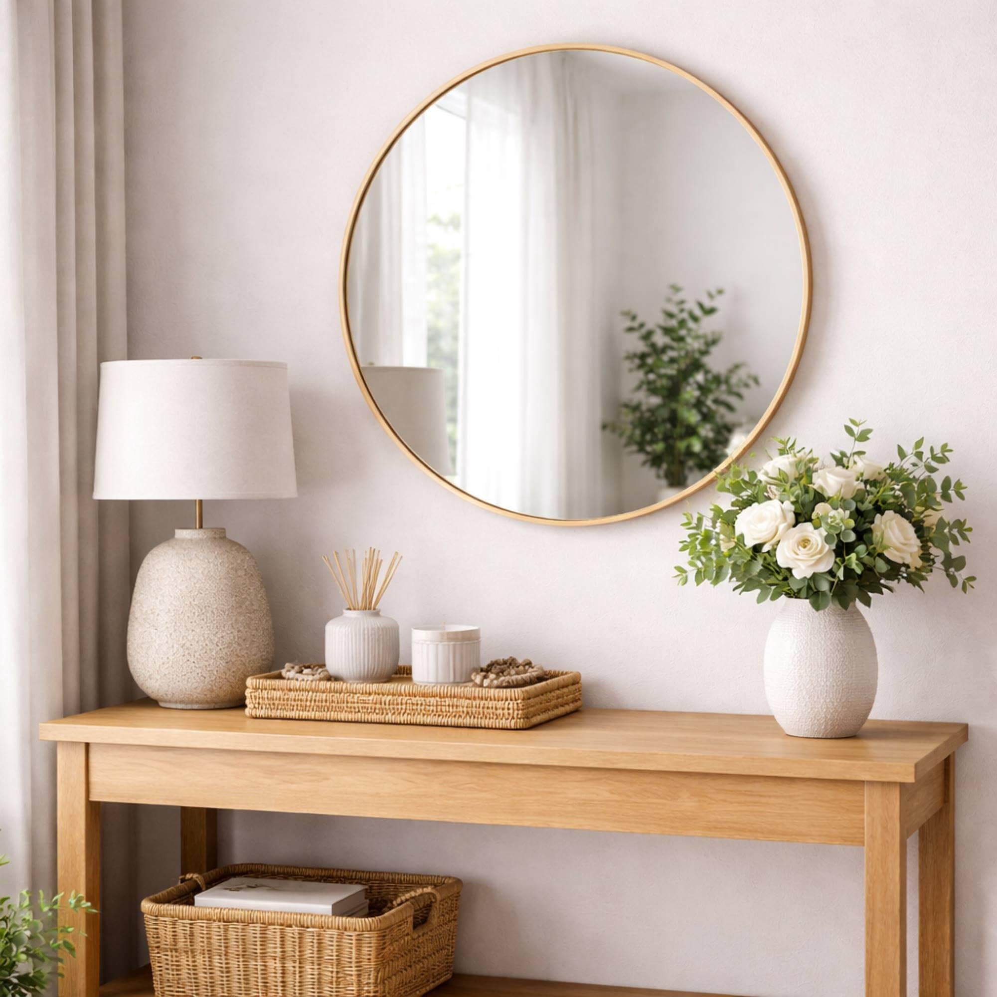 Well Home Espejo Redondo Ø60cm Marco de Madera en Acabado Oro, con Gancho Trasero, Ideal para recibidor o baño