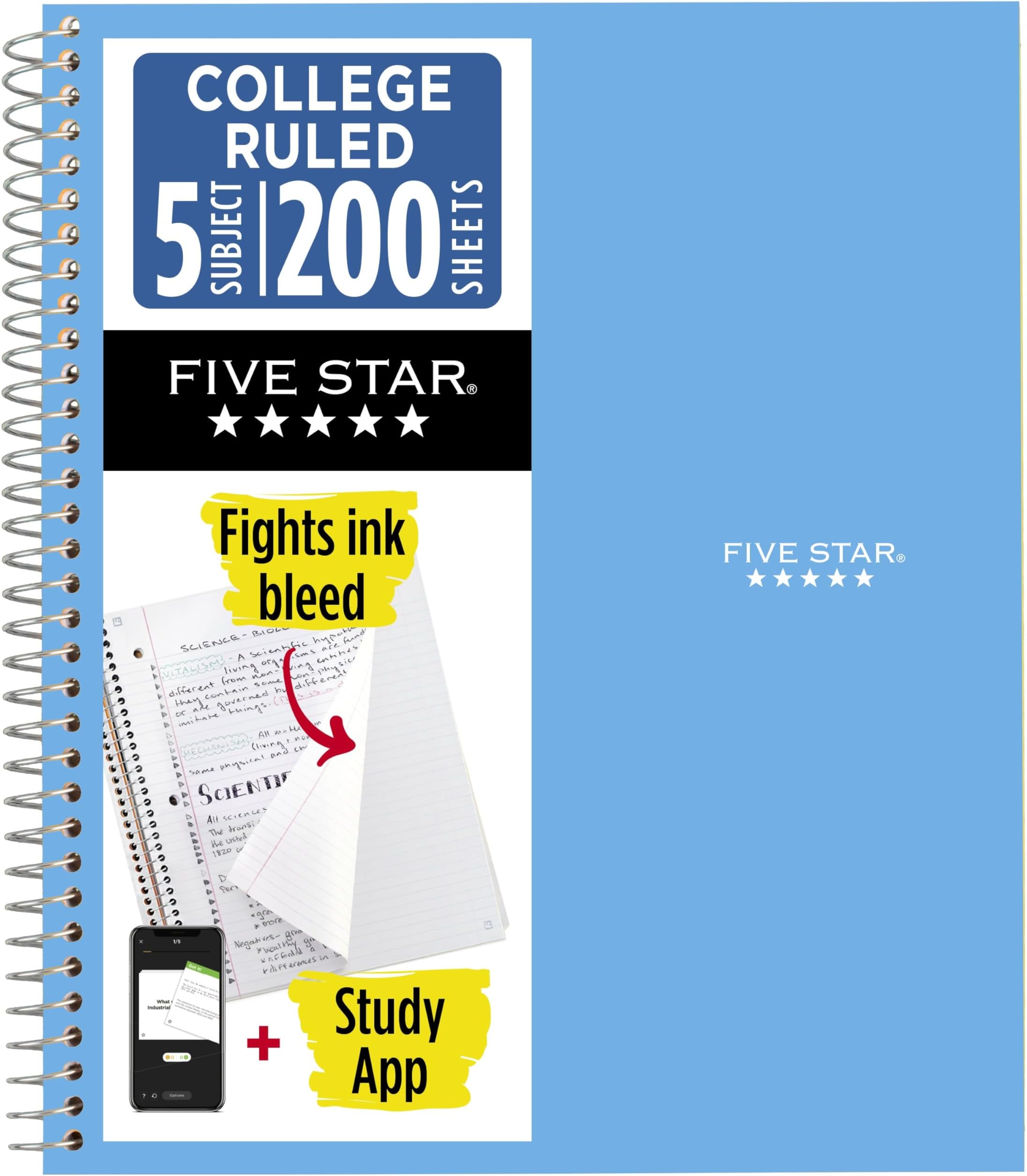 Five Star Spiral Notebook + Study App, 5 Subject, College Ruled Paper, 8-1/2" x 11", 200 Sheets, Fights Ink Bleed, Water Resistant Cover, Pacific Blue (73635)