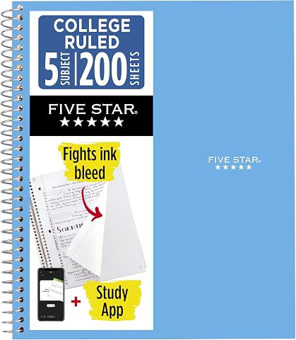 Five Star Spiral Defter + Çalışma Uygulaması, 5 Konu, Kolej Çizgili Kağıt, Mücadele Mürekkep Kanaması, Suya Dayanıklı Kapak, 200 Yaprak, Mavi (73635)