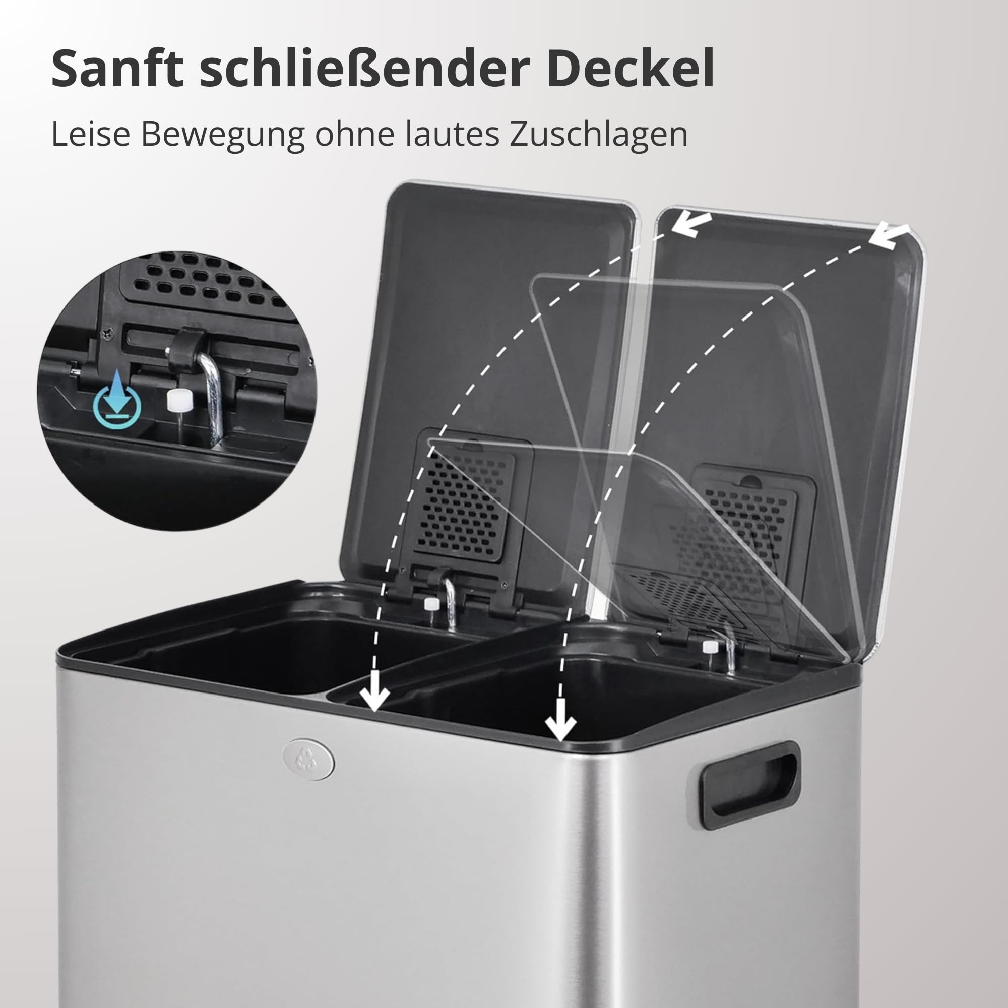 Mülleimer Küche, 2 x 30 L, 2 Fächer, Doppel-Mülleimer, Anti-Fingerabdruck-Edelstahl, mit Soft-Close-Deckel und Pedal, Enthält 20 Müllbeutel, Separate Fächer für Recycling und Müll