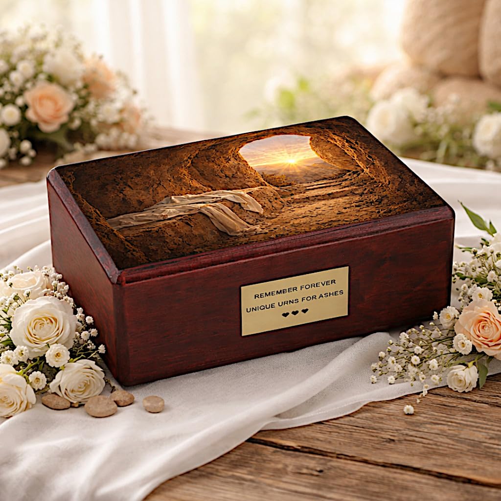 Catholic Cremation Urn Empty Tomb Resurrection – Wooden Adult Urn for Ashes