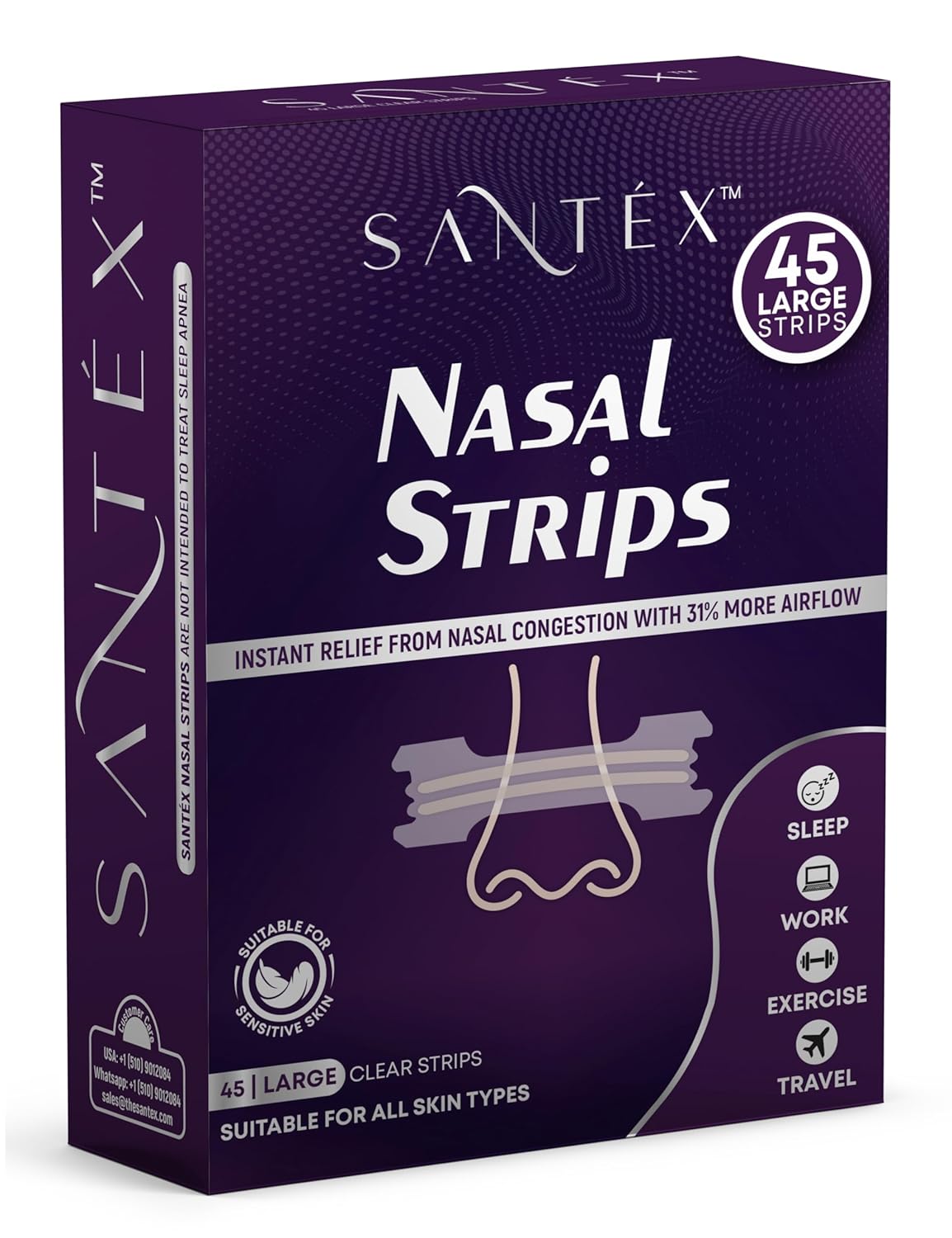 SANT X Large Clear Nasal Strips for Snoring Solution Nose Strips for Breathing Efficiency Drug-Free Nasal Congestion Relief