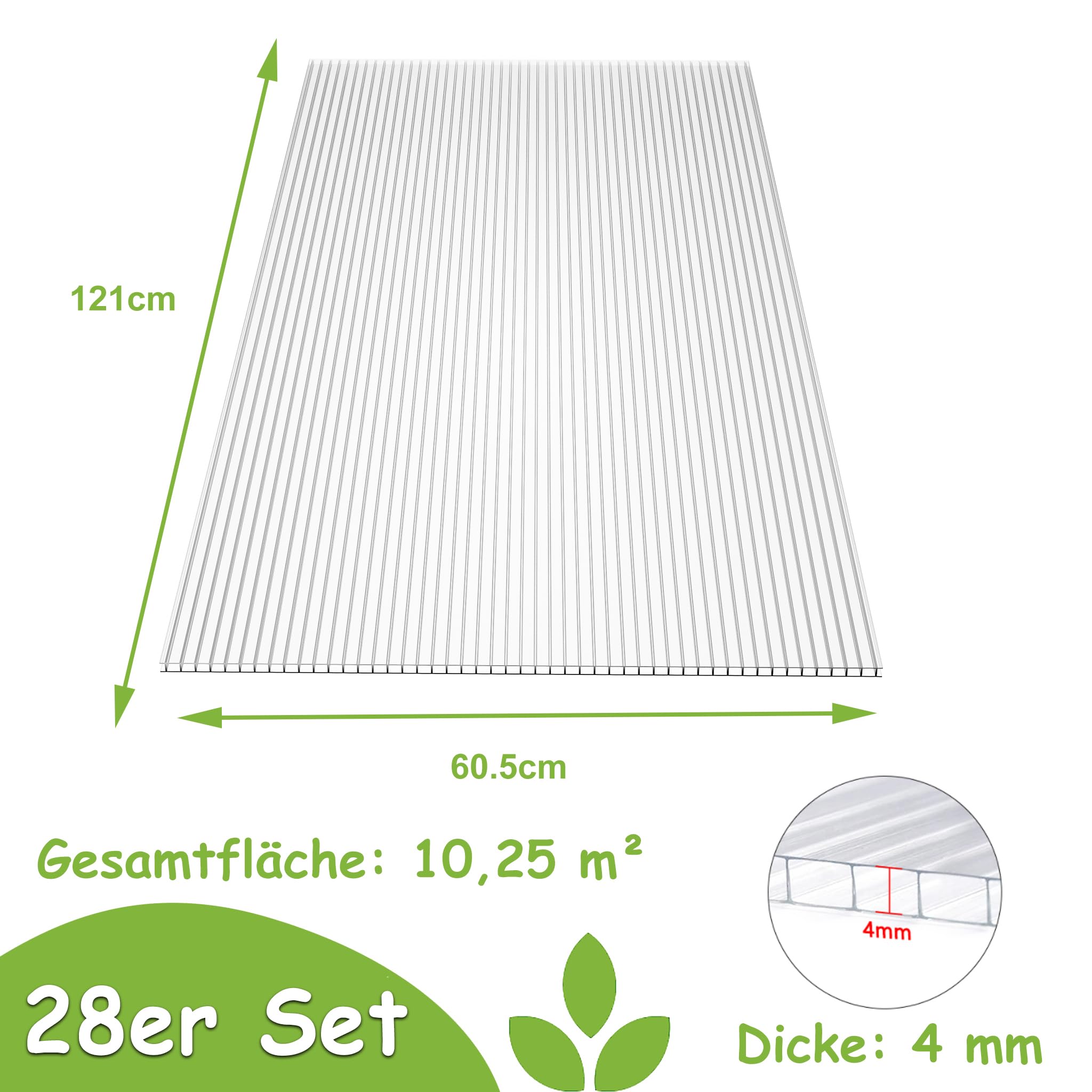 YRHome 28 sztuk płyt komorowych z poliwęglanu, odporna na promieniowanie UV, podwójna płyta komorowa, 605 x 1210 x 4 mm, 20,5 m², płyty komorowe do szklarni z klamrami i klipsami Z
