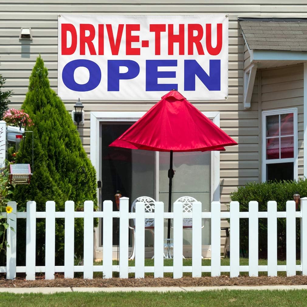 Vinyl Banner Multiple Sizes Drive-Thru Open Red Blue Business Outdoor Weatherproof Industrial Yard Signs 4 Grommets Design Only 24x36Inches