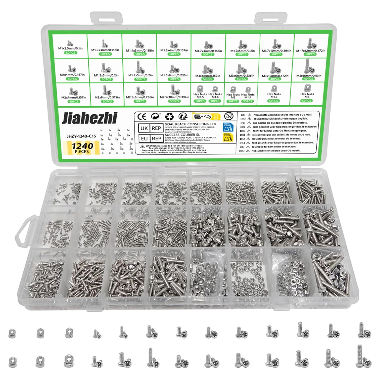 1240 Pcs M1 M1.2 M1.4 M1.6 M2 M2.5 Metric Micro Screws & Nuts Assortment, 304 Stainless Steel Phillips Pan Head Fully Threaded Kit for Arduino, RC Models, Electronics, DIY Projects — image 1