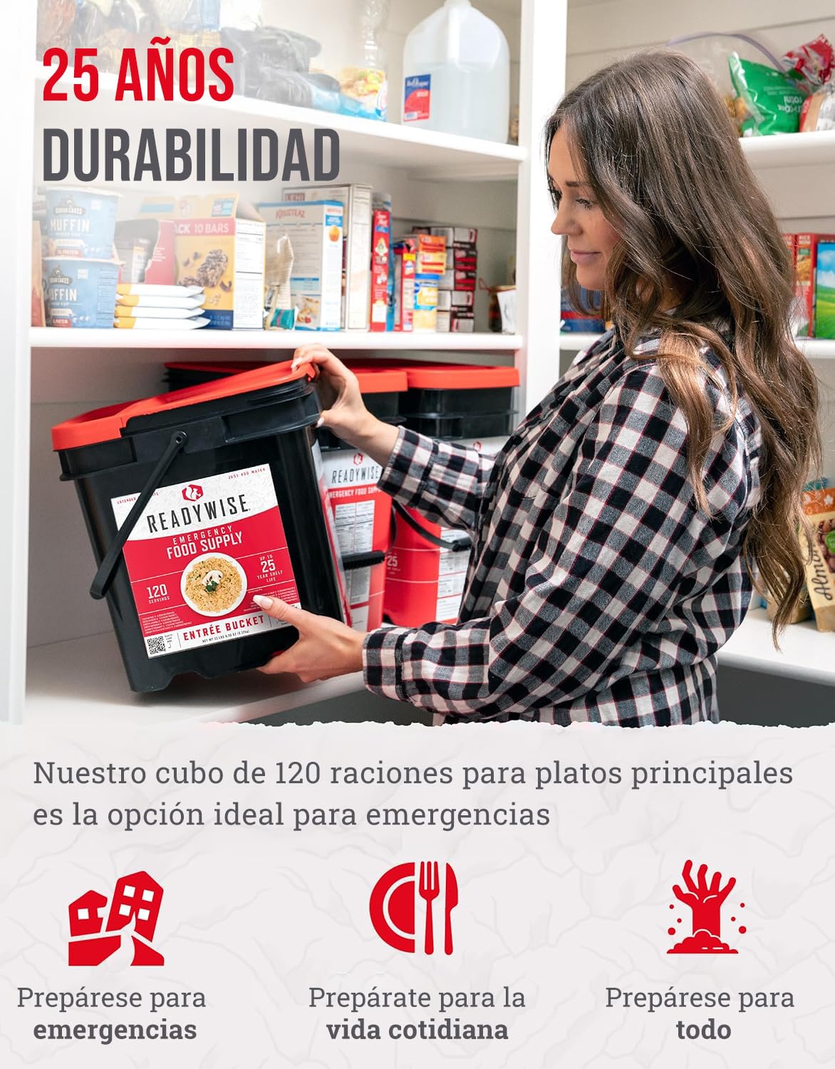 ReadyWise, 120 raciones, sólo almuerzo y cena, 13 recetas diferentes, cubo para llevar, liofilizado, Hasta 25 Años de Vida Útil, 7 días para 2 personas