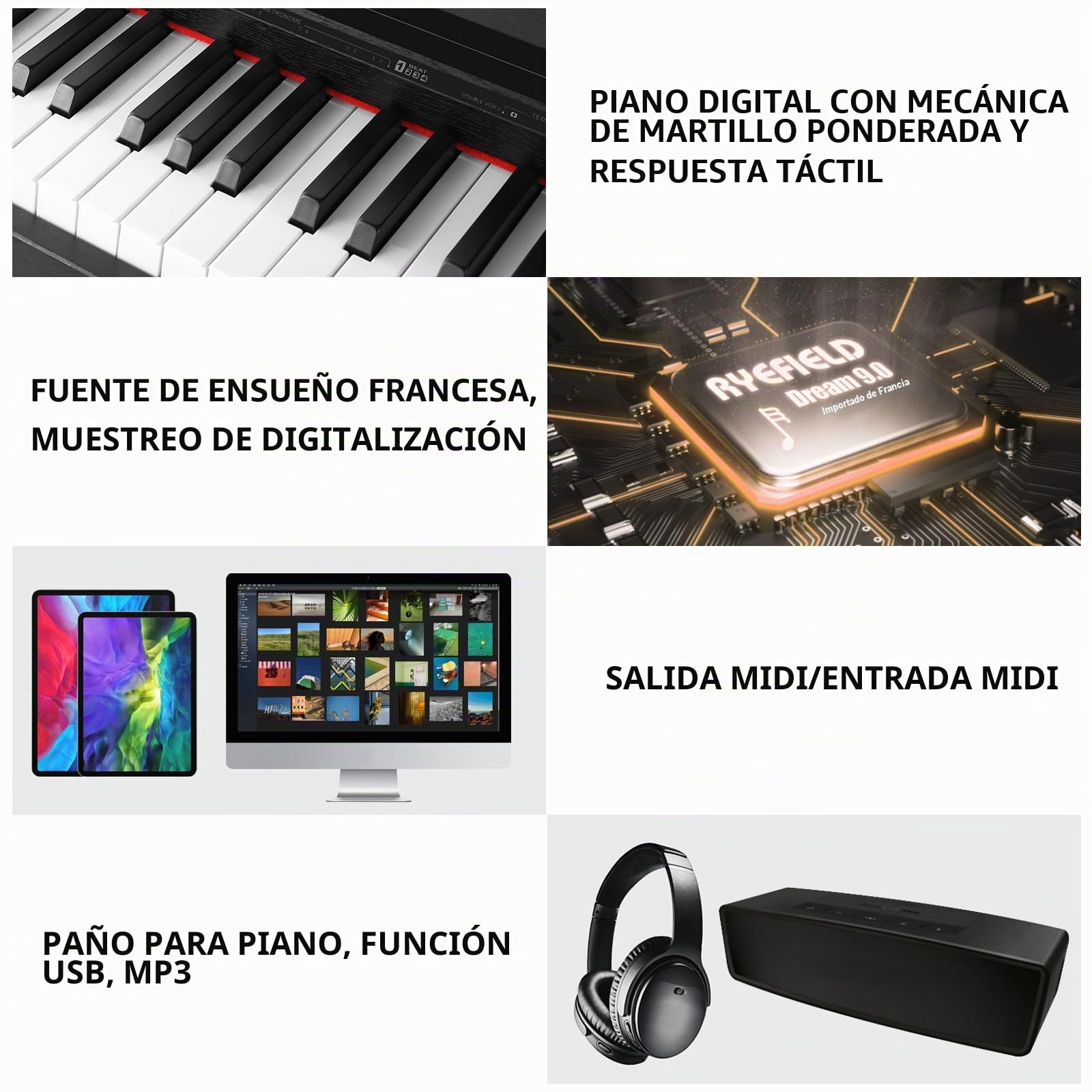 MUSTAR Piano E de 88 teclas, piano digital, piano eléctrico con soporte para piano, 3 adaptadores de pedales, 2 conectores para auriculares, pantalla LCD, USB/MIDI, piano para principiantes