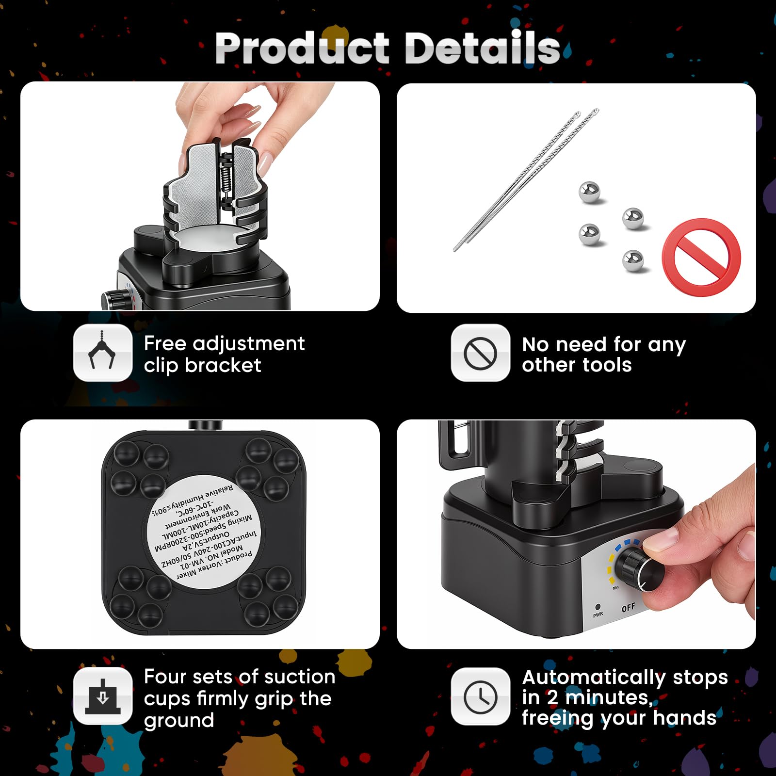 Mini Mezclador Vortex, 500-3200 rpm Agitador de Pinturas para Modelismo, Herramienta de Mezcla a 3 Velocidades Manos Libres, Shaker 10-100ml para Esmalte de Uñas, Tubos de Ensayo Laboratorio