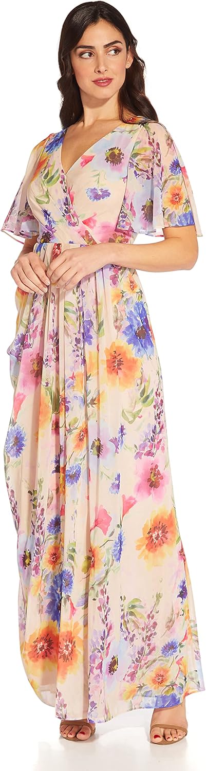 Adrianna Papell Womens Floral Printed Chiffon Gown