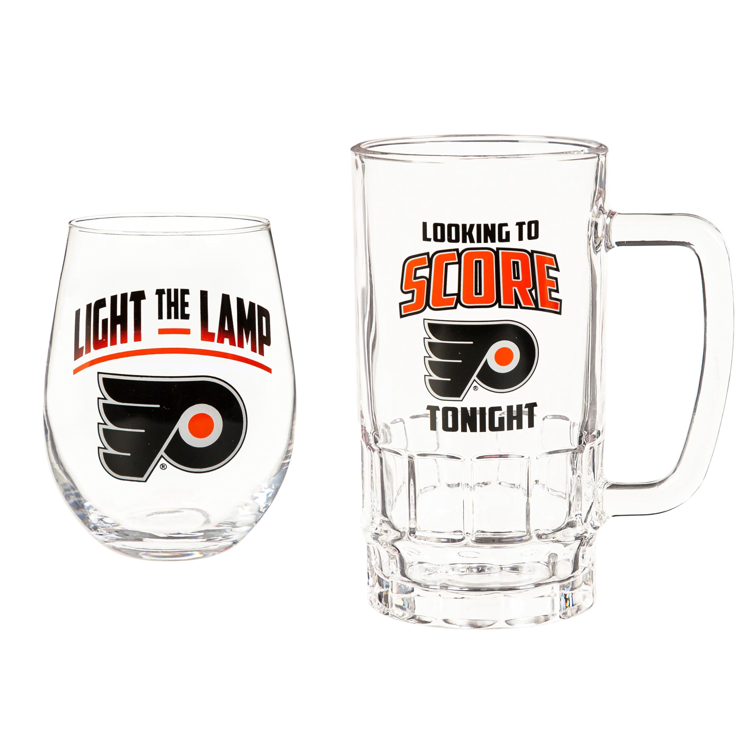 NHL Philadelphia Flyers Gift Set with 17oz Stemless Glass Cup & 16oz Glass Tankard Cup, Beer Drinking Glasses For Bar, Alcohol, Beverages, Coffee, Teas, Gifts for Hockey Fans