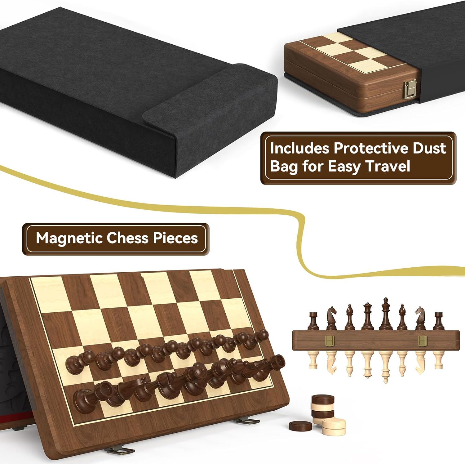 Premium Natural Walnut 15" Magnetic Wooden Folding Chess & Checkers Set- 2 in 1 Board Game with 3" King Staunton Pieces and 2 Extra Queens, Checkers, and Dust-Proof Storage Bag (Red)