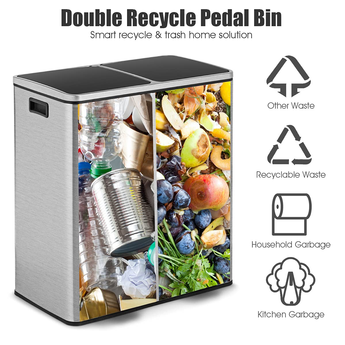 TANGZON 2x30L Recycling Pedal Bin, Double Kitchen Waste Bin with Plastic Inner Buckets, Soft Closure Lids & Handles, 2 Compartment Fingerprint Proof Airtight Stainless Steel Trash Can (Silver)