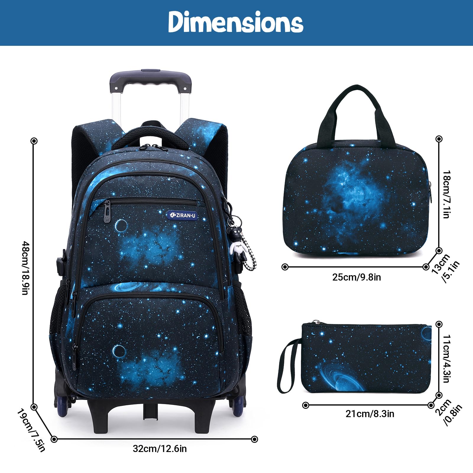 Amythe Schulrucksack Trolley für Jungen Teenager Rucksack mit Rollen 3-teilig mit Lunchtasche Federmäppchen, Wasserdichter Lässige Daypack 30L, Große Schultasche für Schule & Reisen, Blau | Schultasche mit Rollen mit Lunchtasche Federmäppchen, Wasserdicht