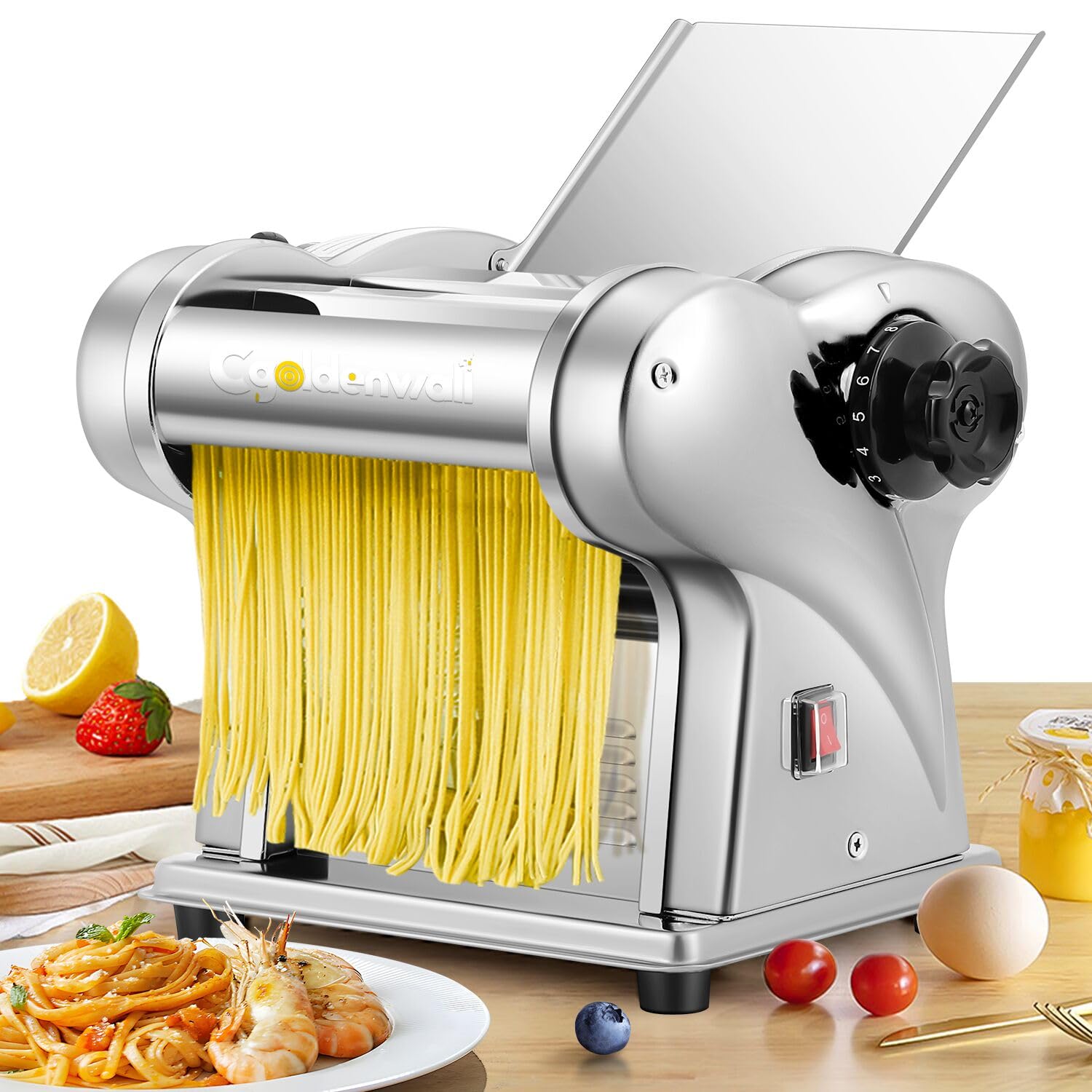 CGOLDENWALL Fraiche Machine à Pâtes Électrique Acier Inoxydable Pétrin avec 2 Lames de 1.5 mm Rondes et 4 mm Plates, 6 Réglages 'Épaisseur pour Nouilles/Boulettes/Spaghettis/Ravioli
