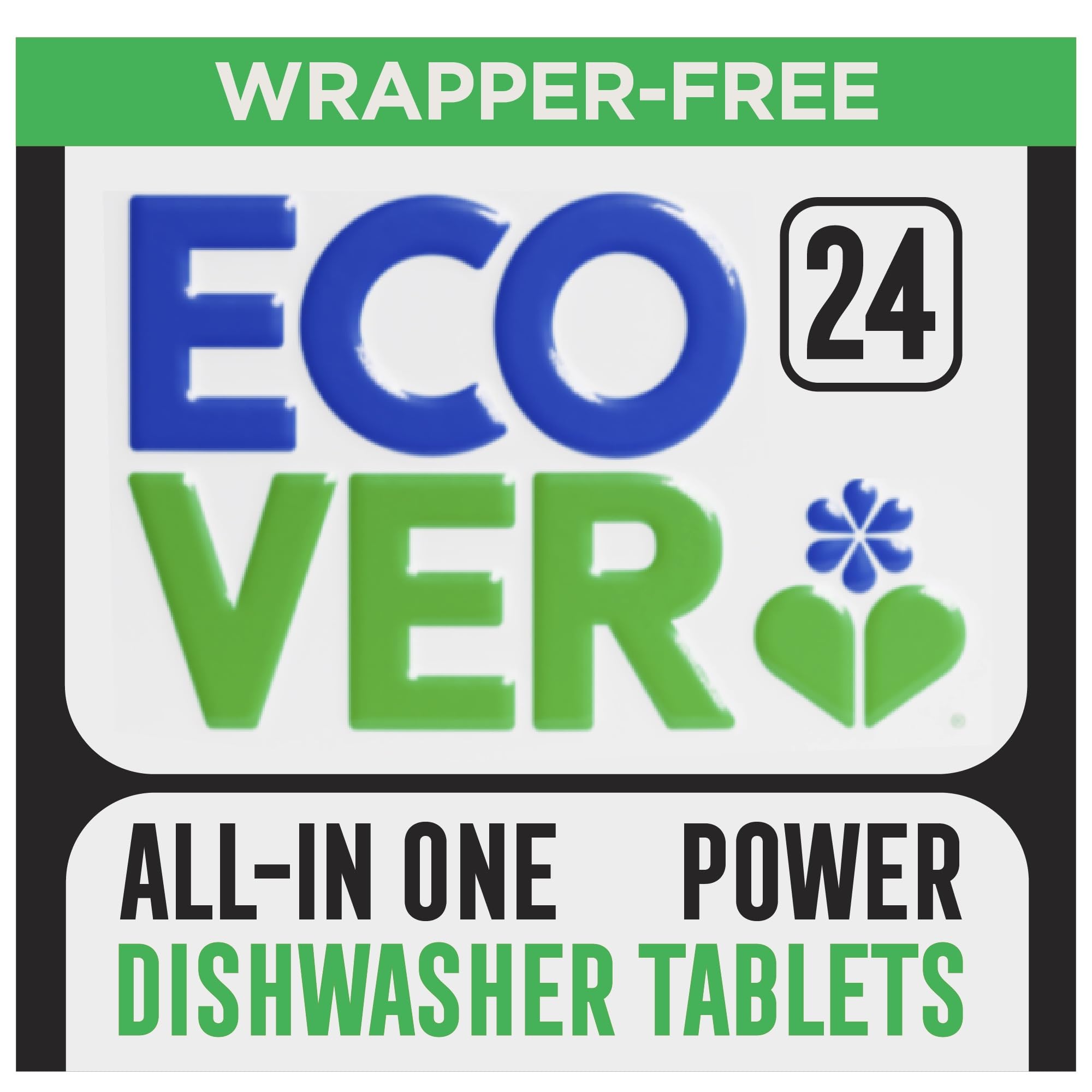 Ecover Tabletki do zmywarki do naczyń, wszystko w jednym, soli i płynu do płukania, zapach mandarynki i trawy cytrynowej, opakowanie 1, 24 tabletki.