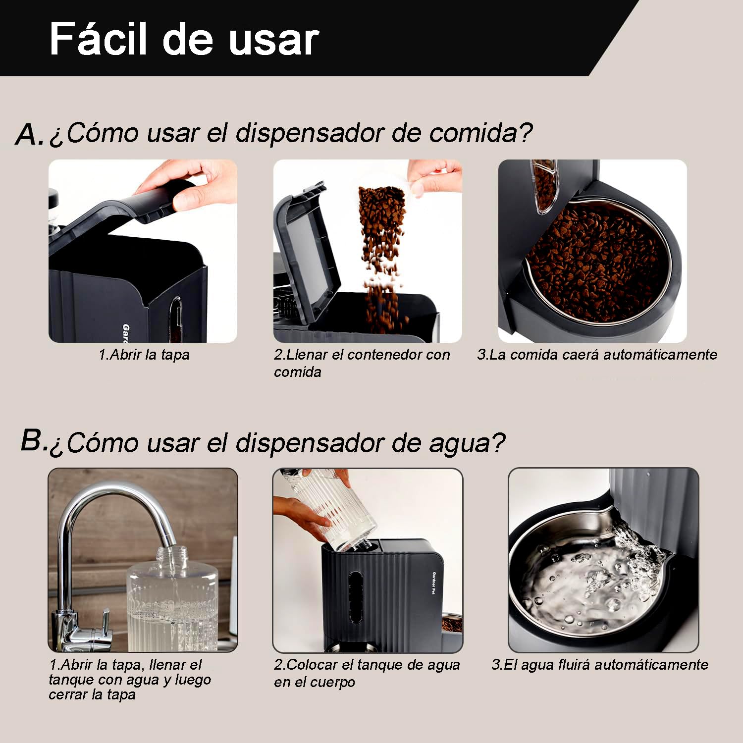 Gardner Pet 2 en 1 Comedero Gato Automatico (3L*2), Dispensador Comida y Agua, Bebedero Perro con Bol Acero Inoxidable, Dispensador Comida Gatos Gravedad,Sin BPA,No Eléctrico-Negro