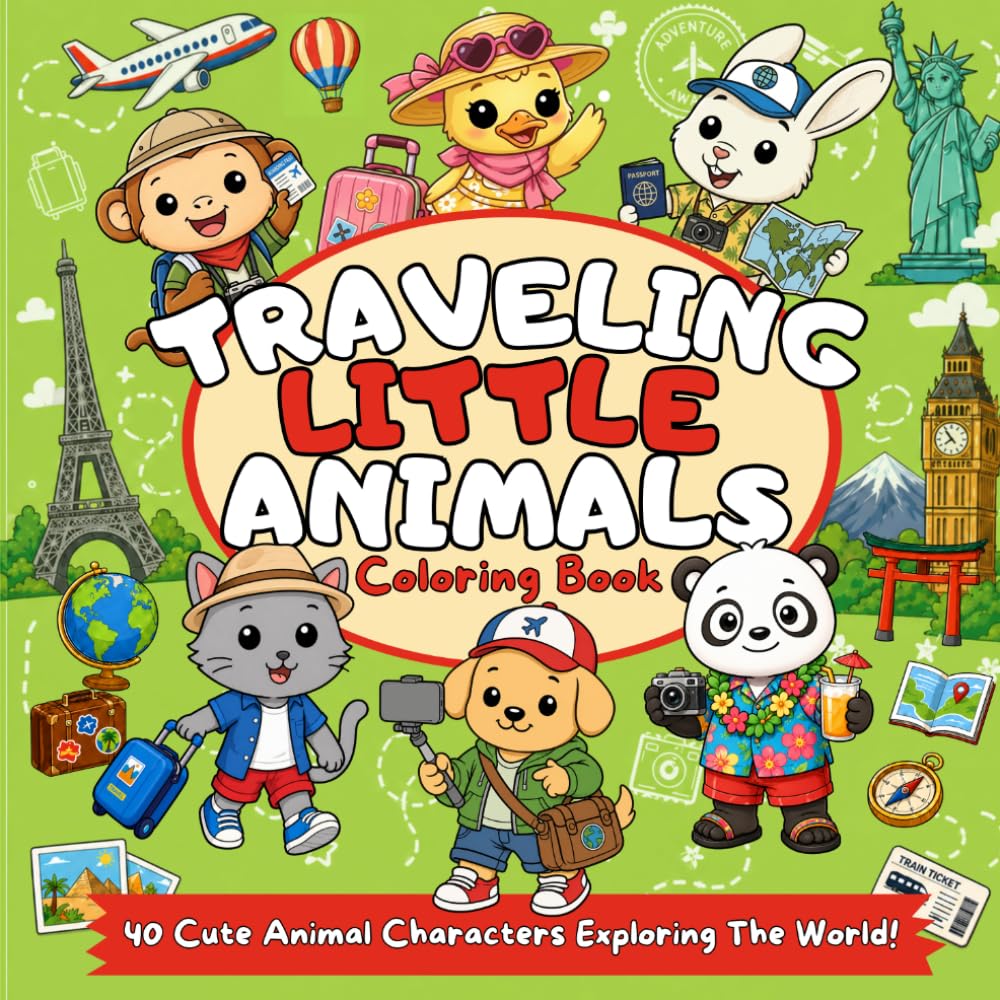Traveling Little Animals Coloring Book: 40 Fun Adventures Around the World to Color and Discover