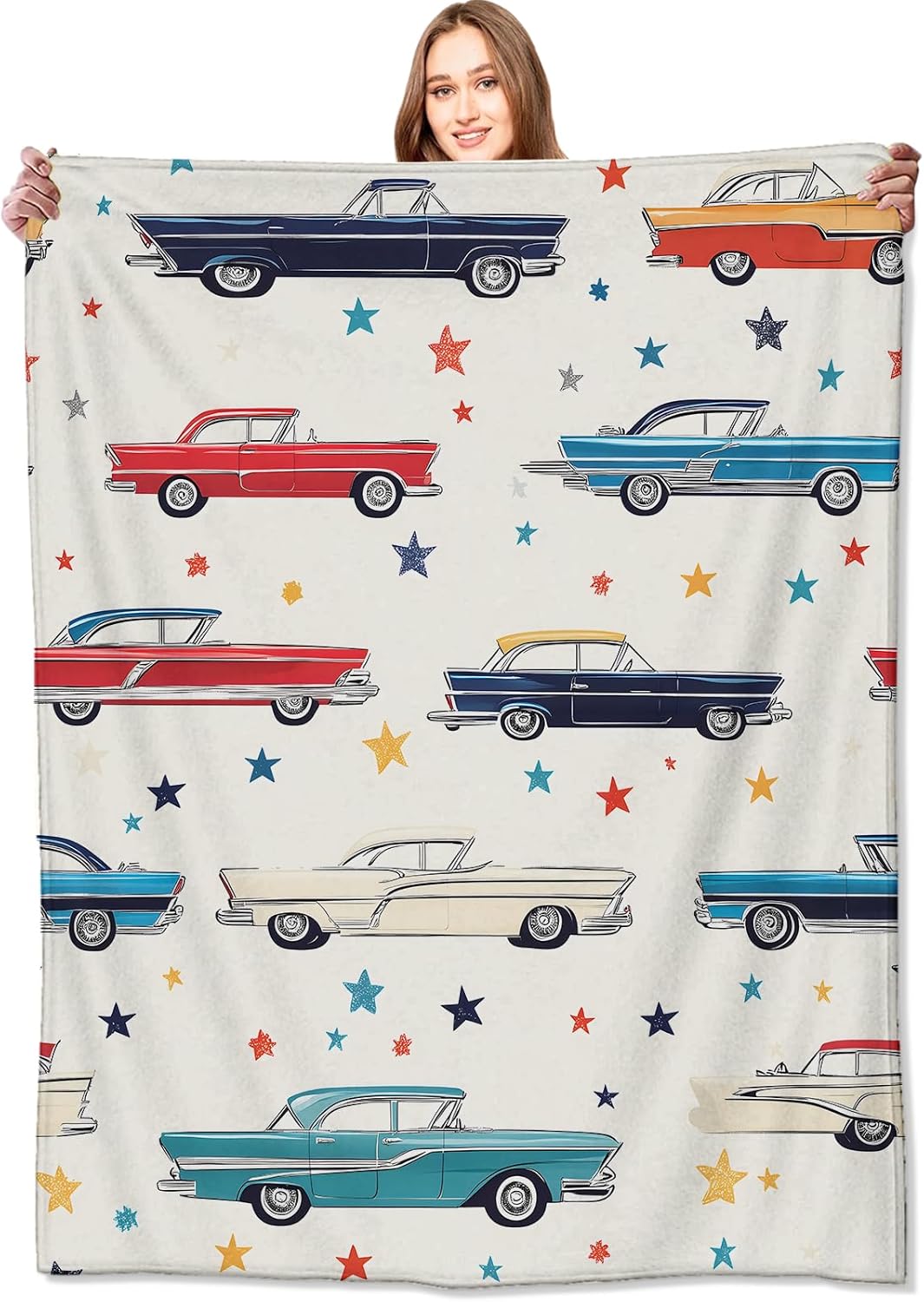 Retro Classic Car Blanket Vintage Automobile Throw Blankets with Colorful Classic Cars and Star,Birthday Gifts for Kids Adult,Lightweight Soft Fleece,for Sofa Couch Bed Room Decor 60x80in