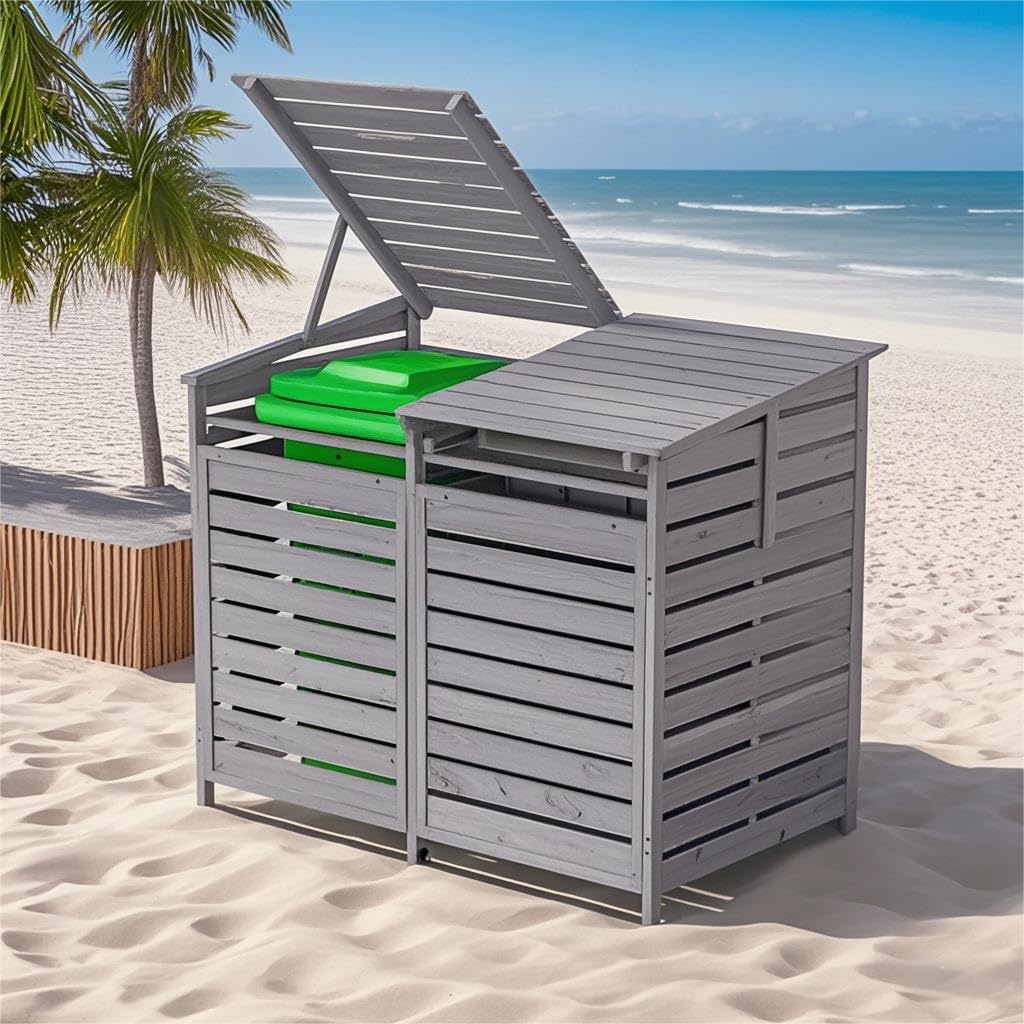 Warmiehomy 2 Wheelie Bin Storage 2 x 240L Wooden Bin Storage for Wheelie Bins, Wooden Recycling Bins Store Outdoor, 1 CM Thick Wood Board, 149 x 86 x 122.5 CM, Grey